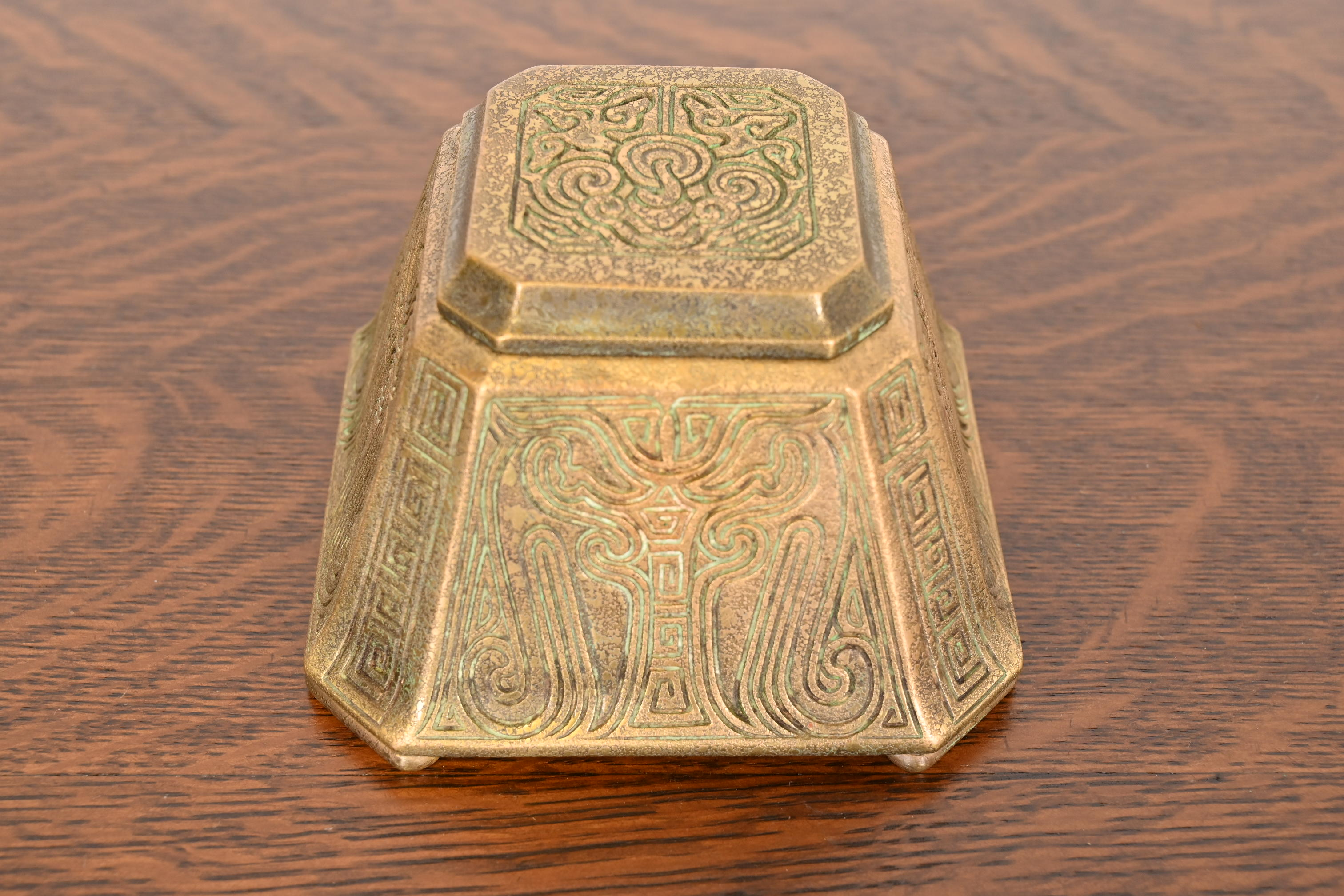 Tiffany Studios New York Chinese Pattern Large Bronze Inkwell, Circa 1910 - Image 2