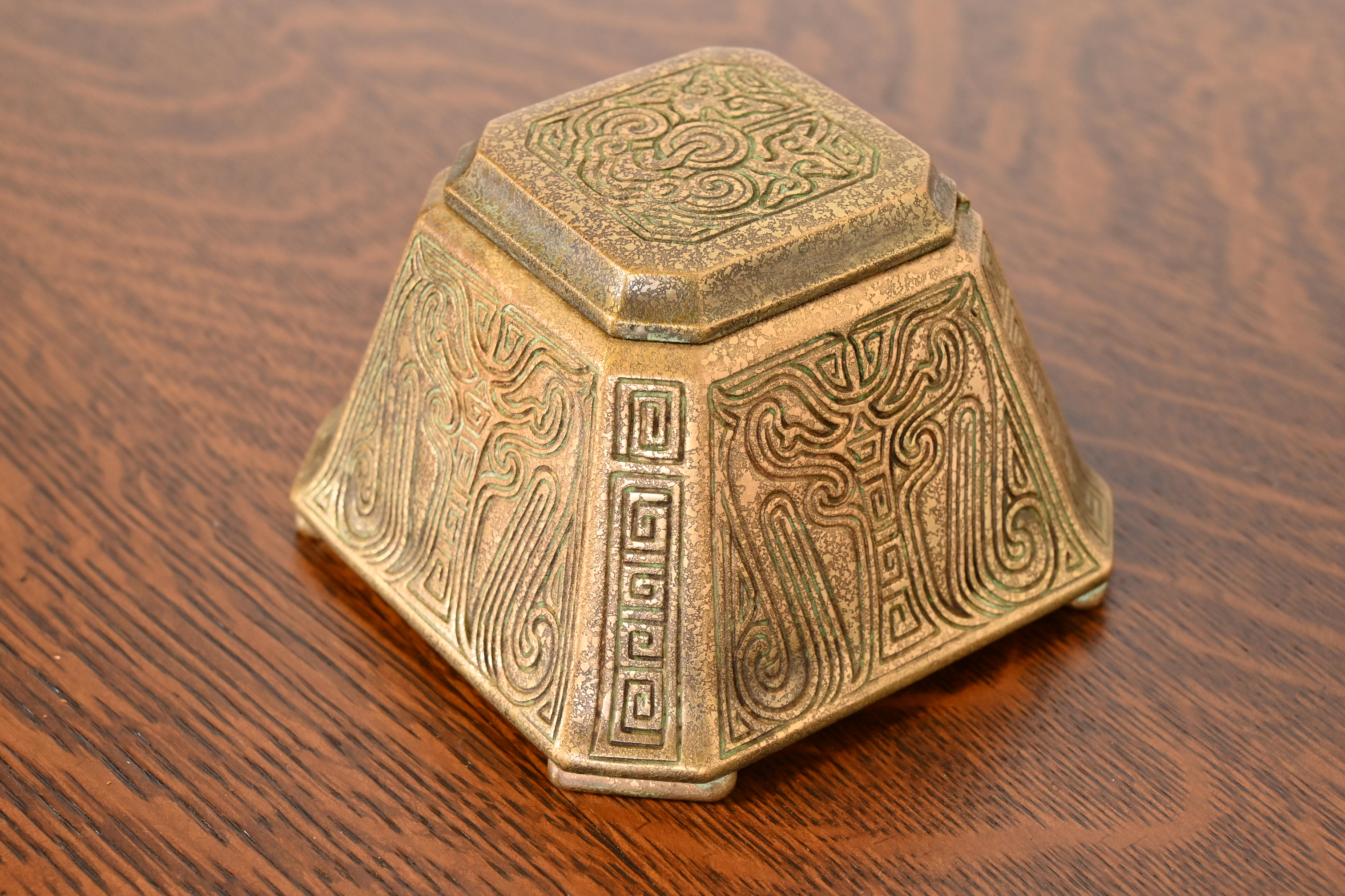 Tiffany Studios New York Chinese Pattern Large Bronze Inkwell, Circa 1910 - Image 4
