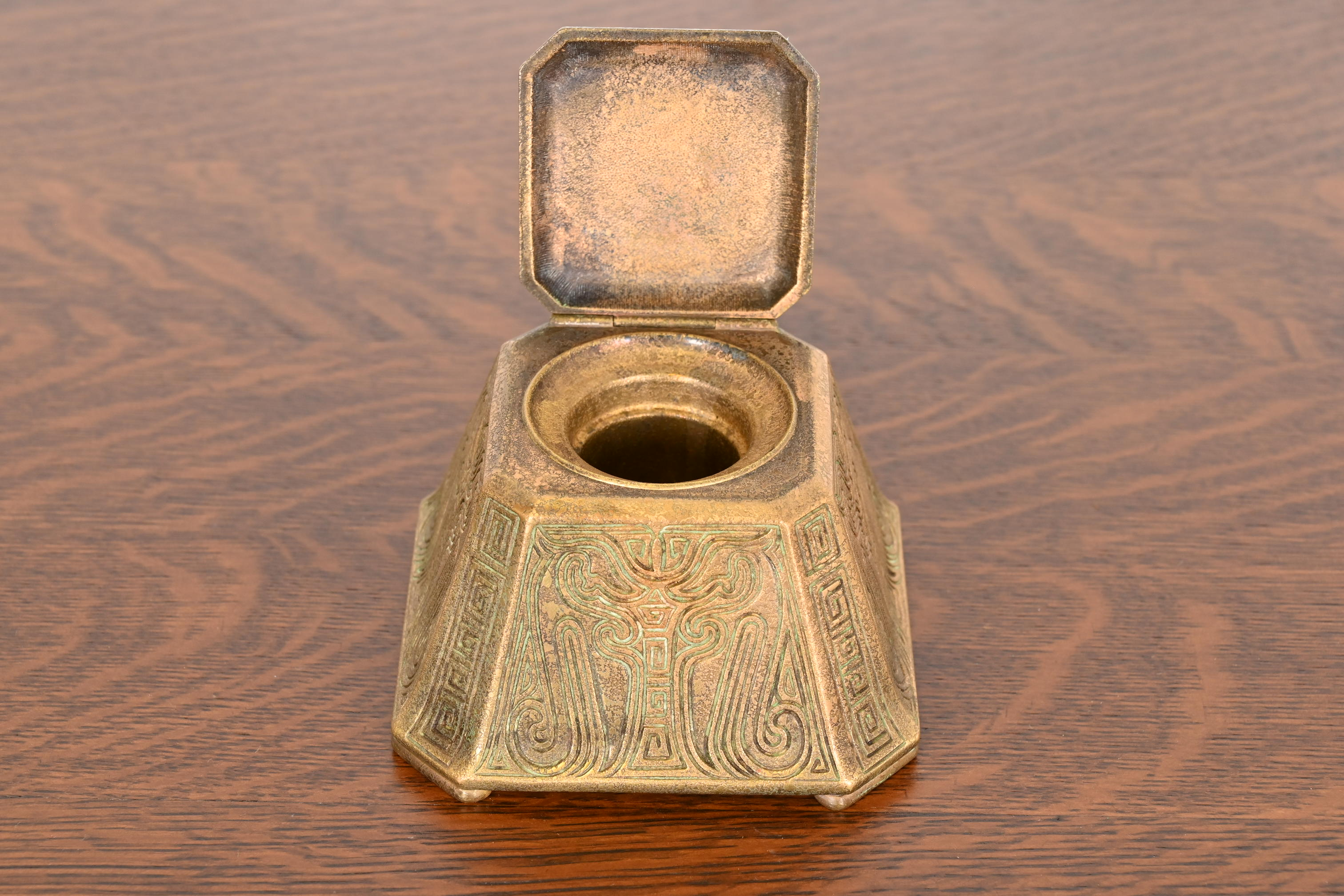 Tiffany Studios New York Chinese Pattern Large Bronze Inkwell, Circa 1910 - Image 8
