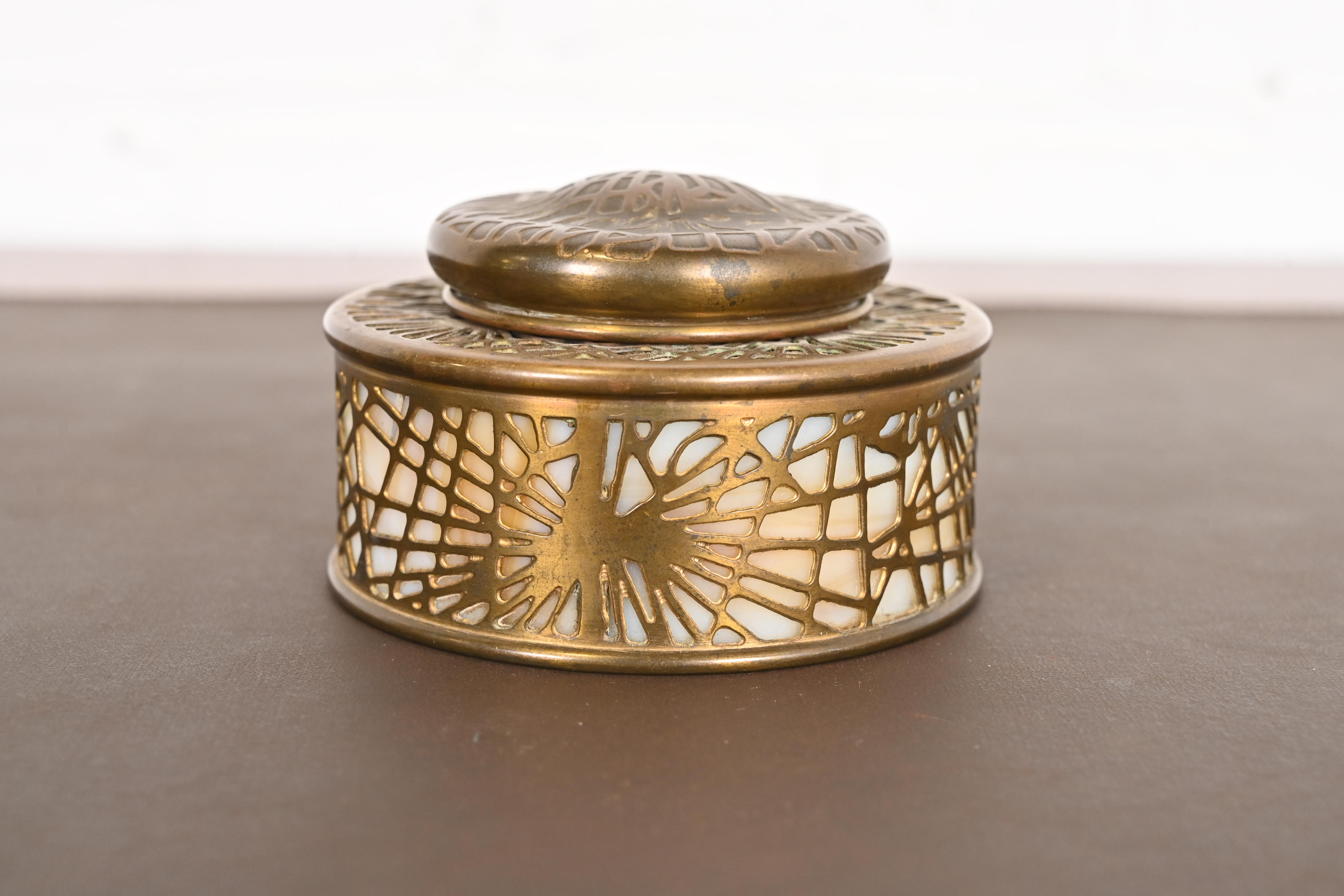 Tiffany Studios New York Pine Needle Bronze Doré and Slag Glass Inkwell - Image 3