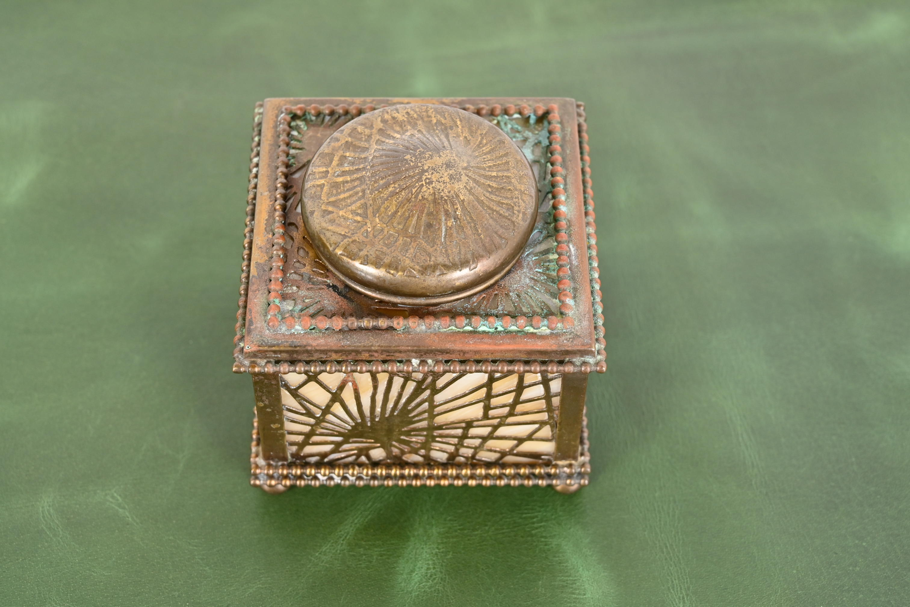Tiffany Studios New York Pine Needle Bronze Doré and Slag Glass Inkwell - Image 5
