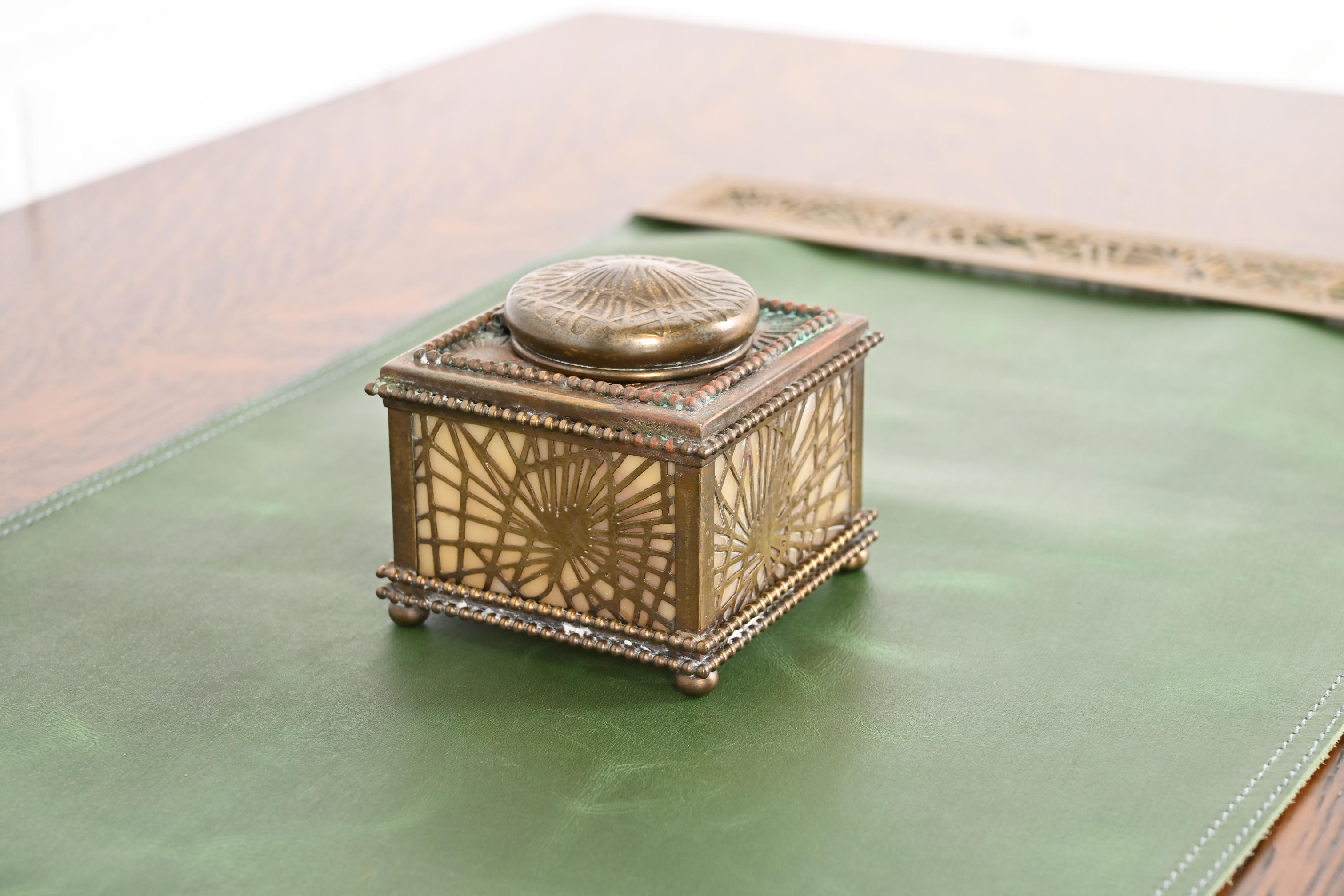 Tiffany Studios New York Pine Needle Bronze Doré and Slag Glass Inkwell - Image 3