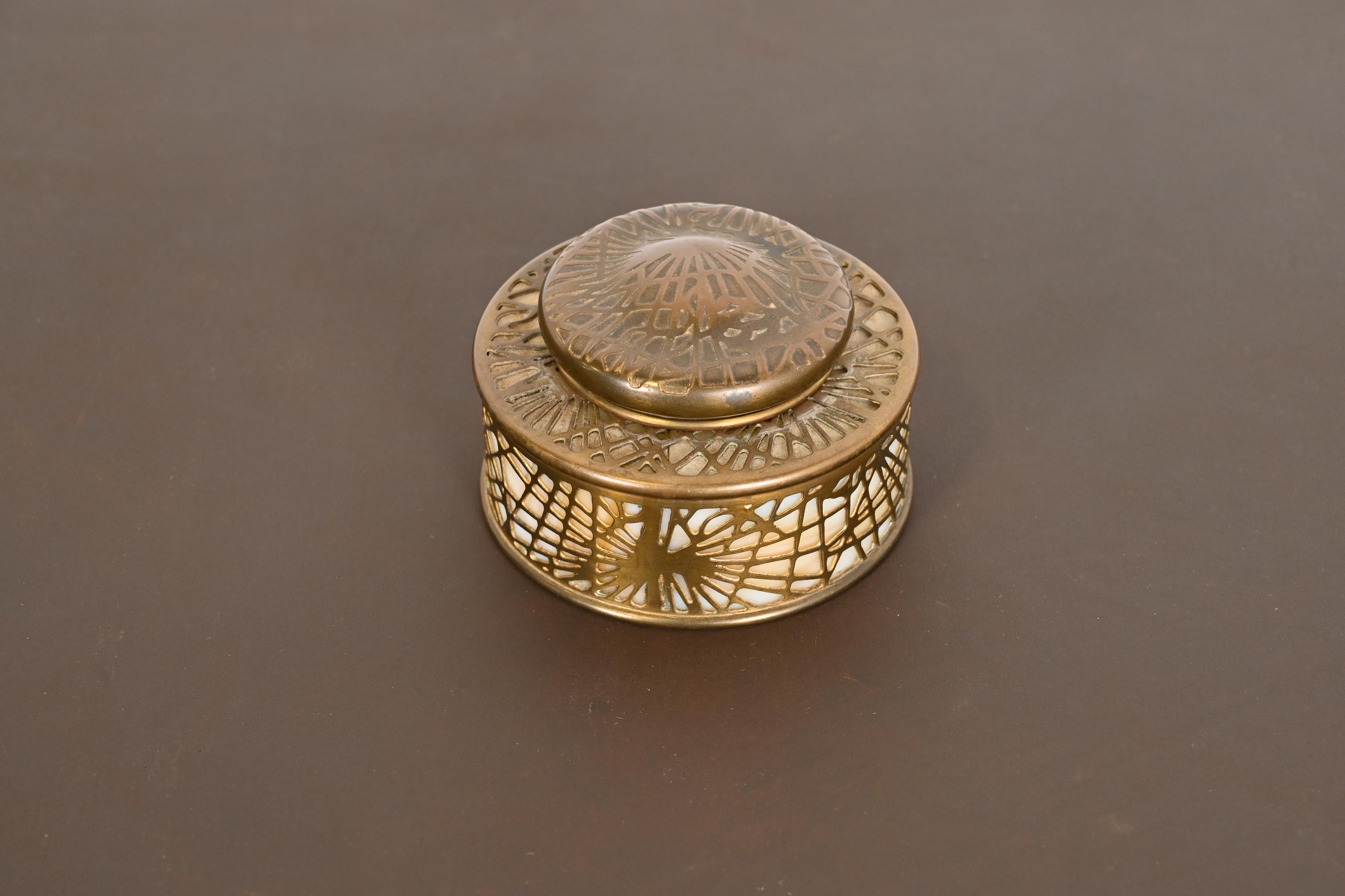 Tiffany Studios New York Pine Needle Bronze Doré and Slag Glass Inkwell - Image 2