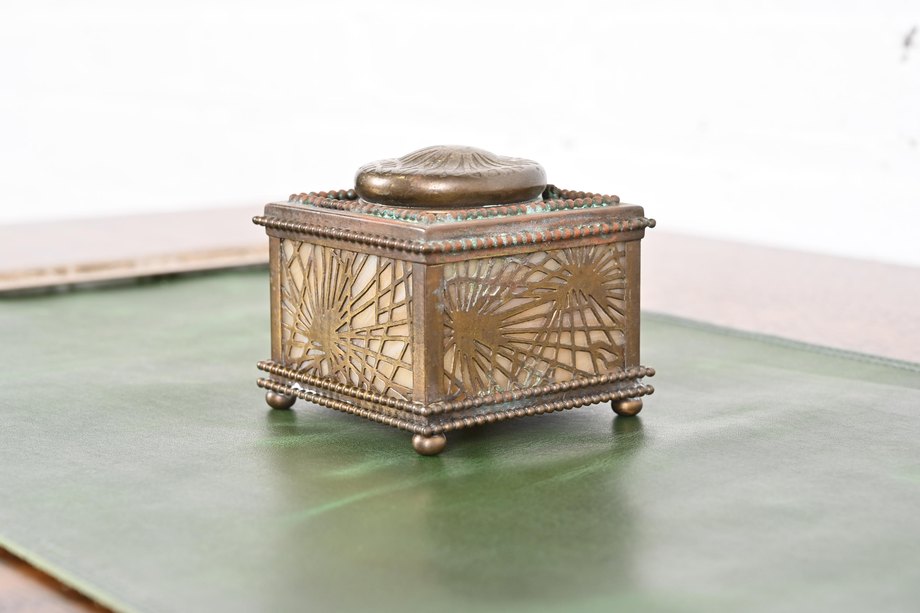 Tiffany Studios New York Pine Needle Bronze Doré and Slag Glass Inkwell - Image 2