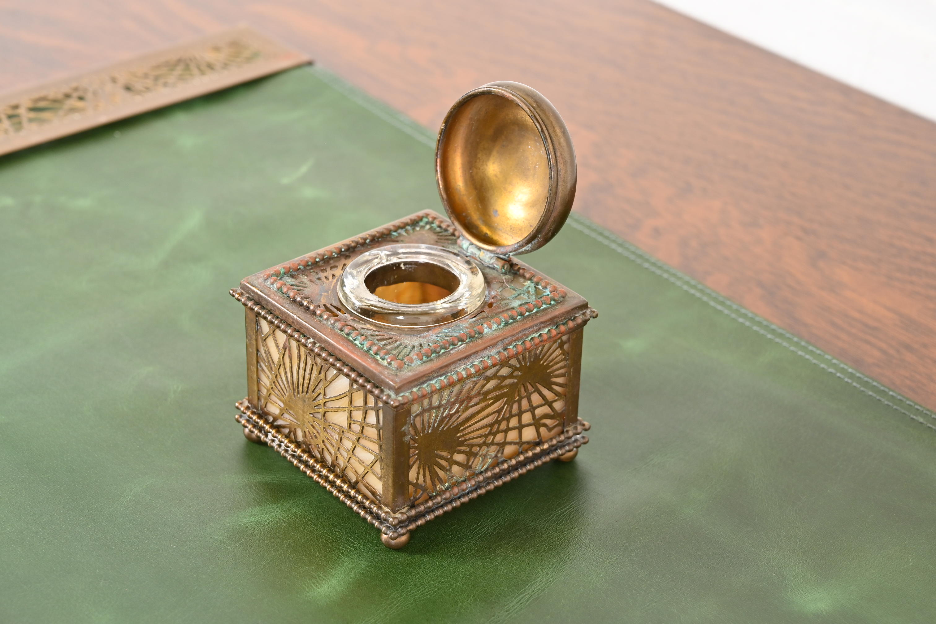 Tiffany Studios New York Pine Needle Bronze Doré and Slag Glass Inkwell - Image 8