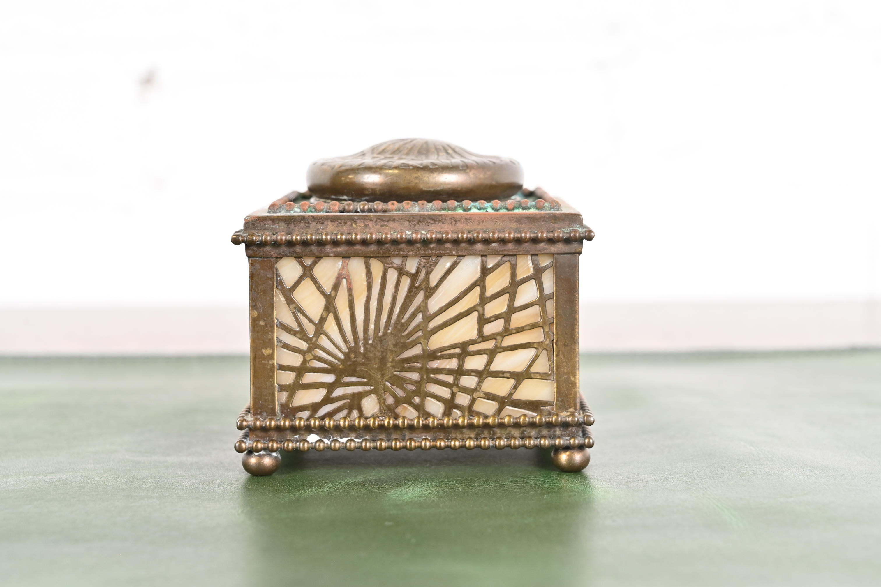 Tiffany Studios New York Pine Needle Bronze Doré and Slag Glass Inkwell - Image 4