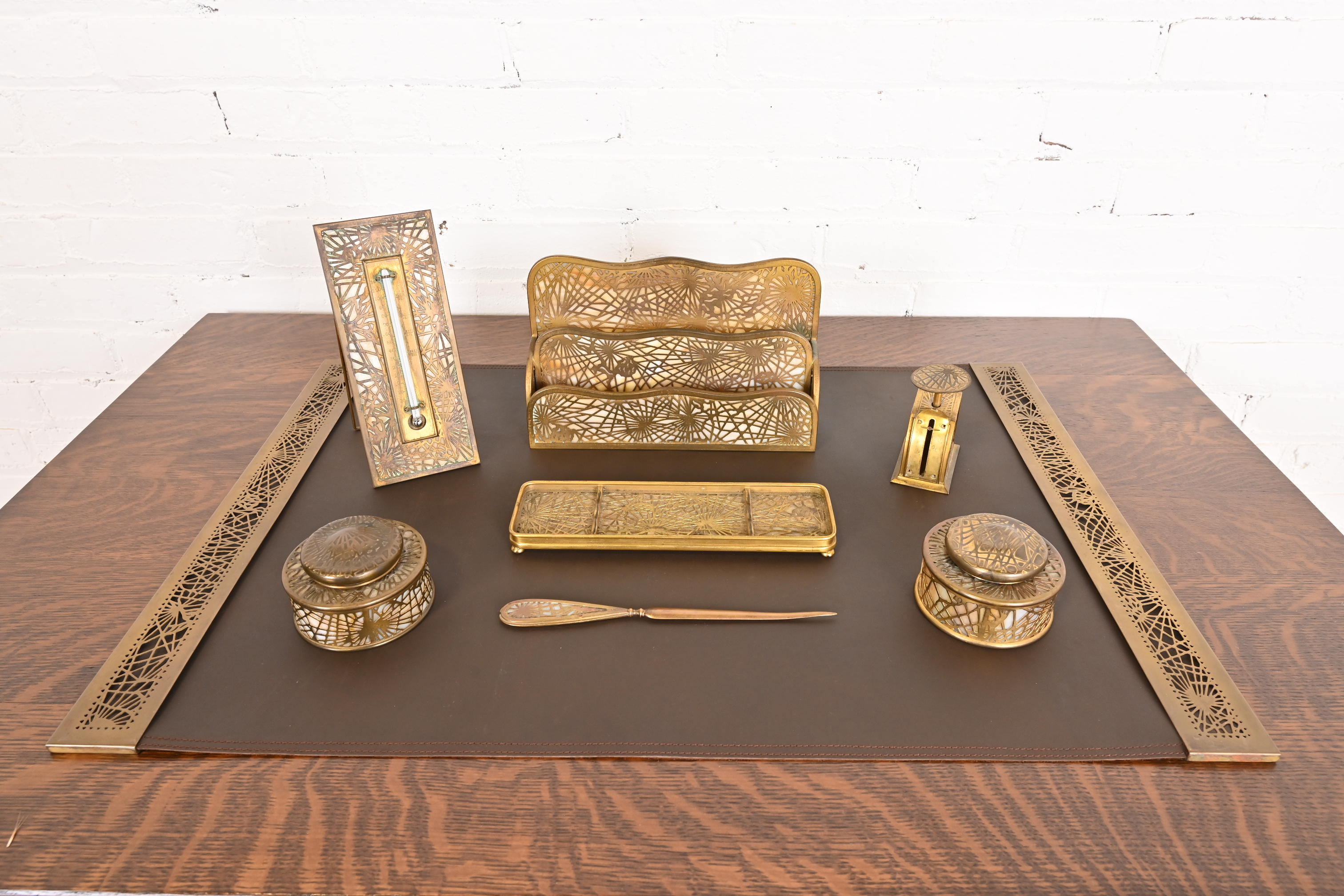Tiffany Studios New York Pine Needle Bronze Doré and Slag Glass Inkwell - Image 11