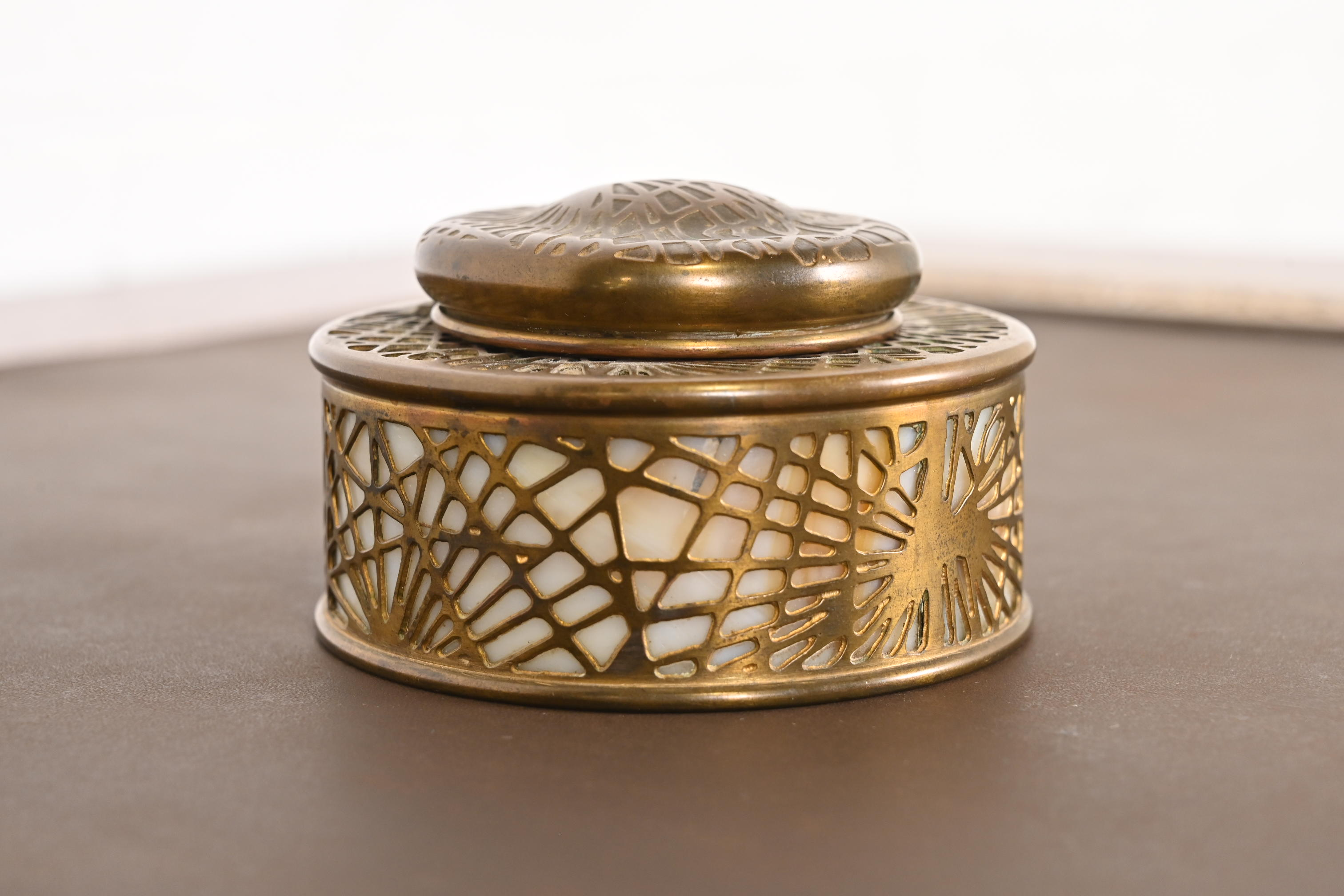 Tiffany Studios New York Pine Needle Bronze Doré and Slag Glass Inkwell - Image 4