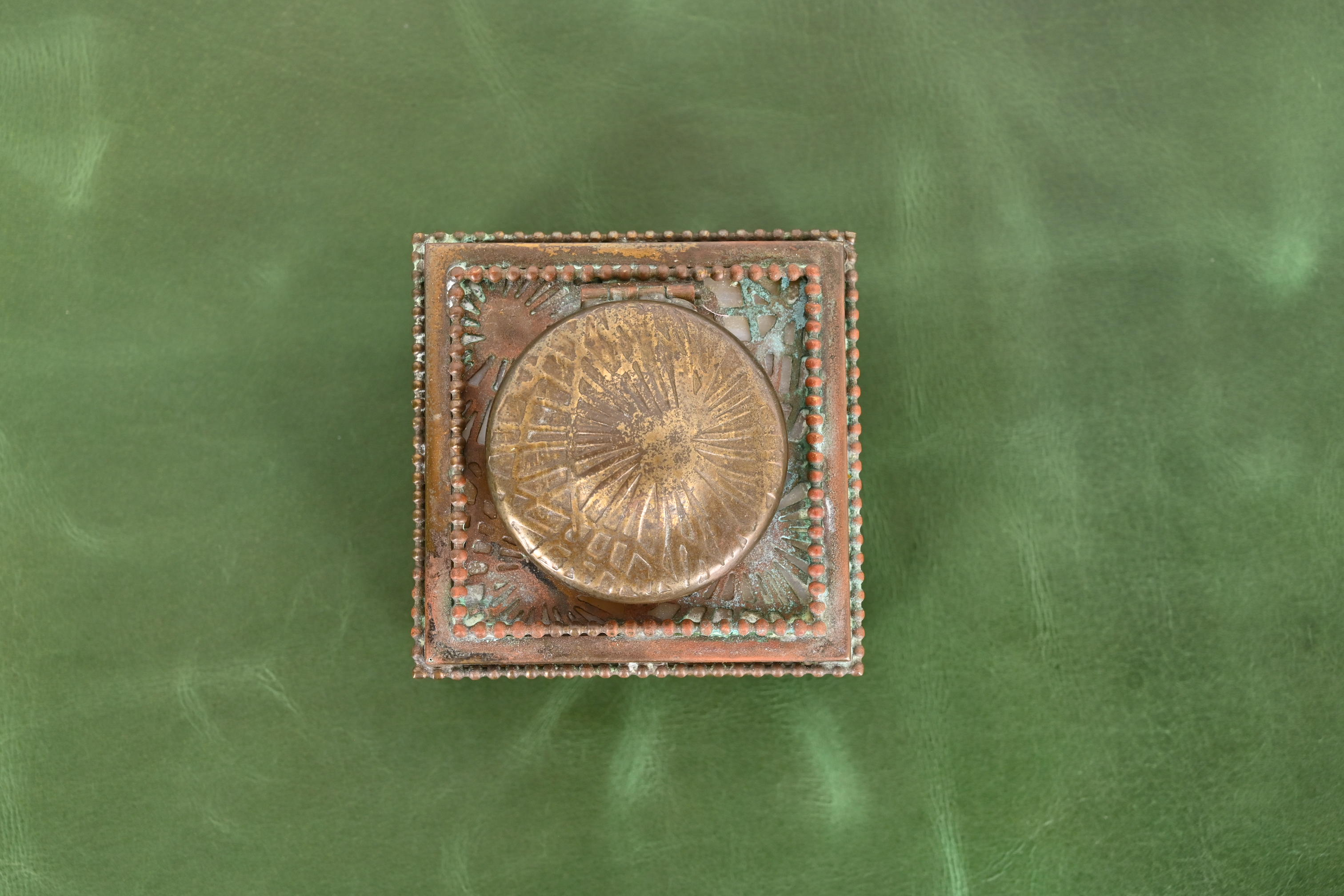 Tiffany Studios New York Pine Needle Bronze Doré and Slag Glass Inkwell - Image 6