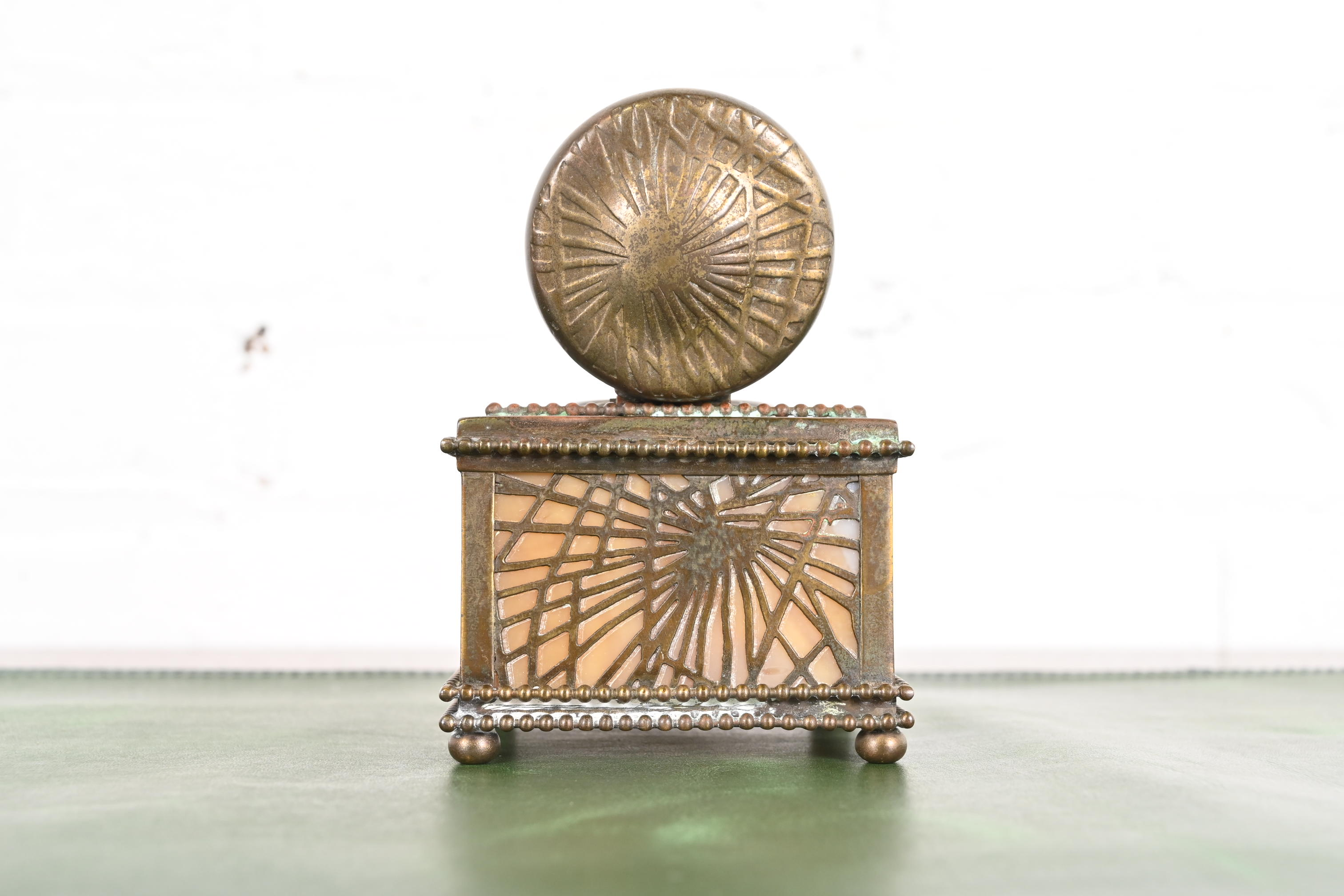 Tiffany Studios New York Pine Needle Bronze Doré and Slag Glass Inkwell - Image 7