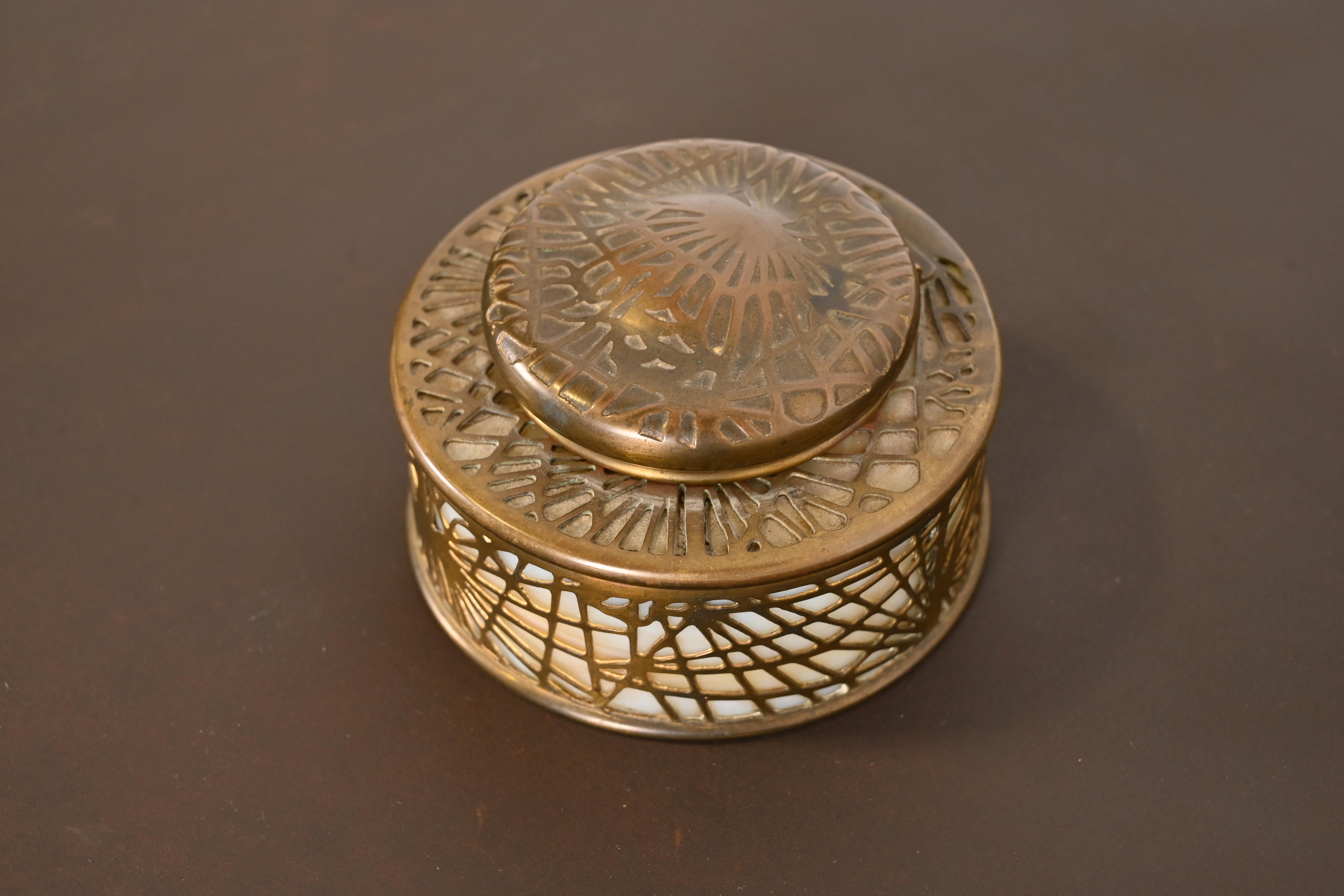Tiffany Studios New York Pine Needle Bronze Doré and Slag Glass Inkwell