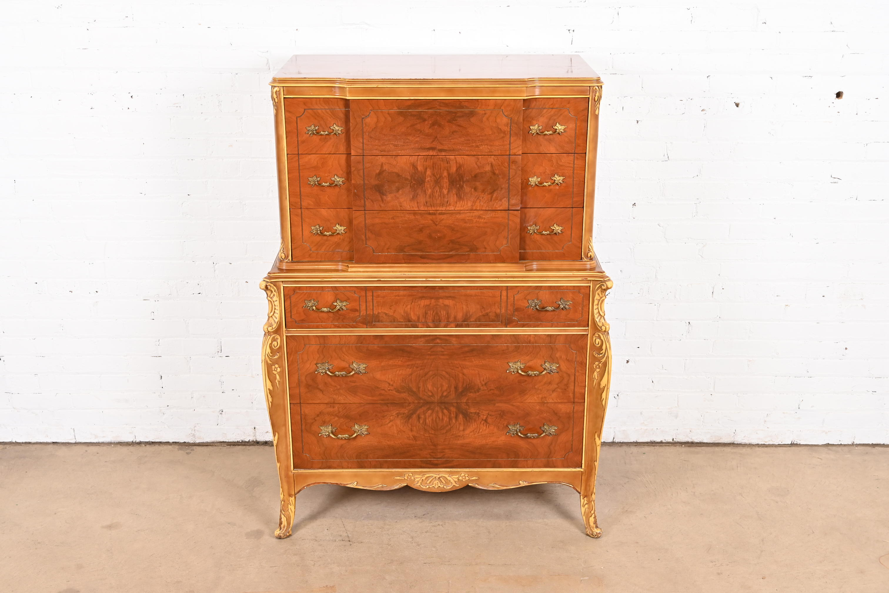Antique French Provincial Louis XV Burled Walnut and Parcel Painted Highboy Dresser, Circa 1920s - Image 4