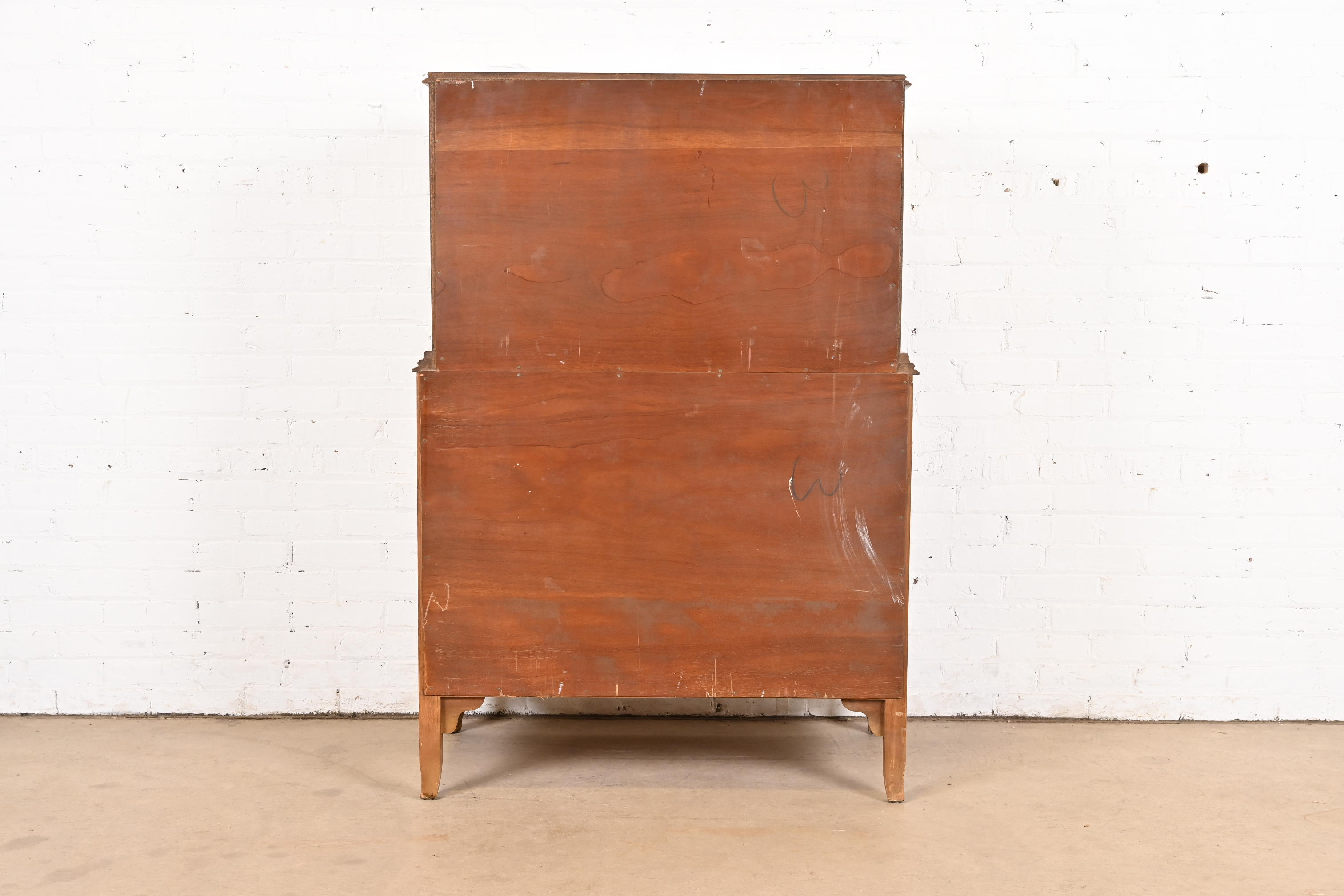 Antique French Provincial Louis XV Burled Walnut and Parcel Painted Highboy Dresser, Circa 1920s - Image 11