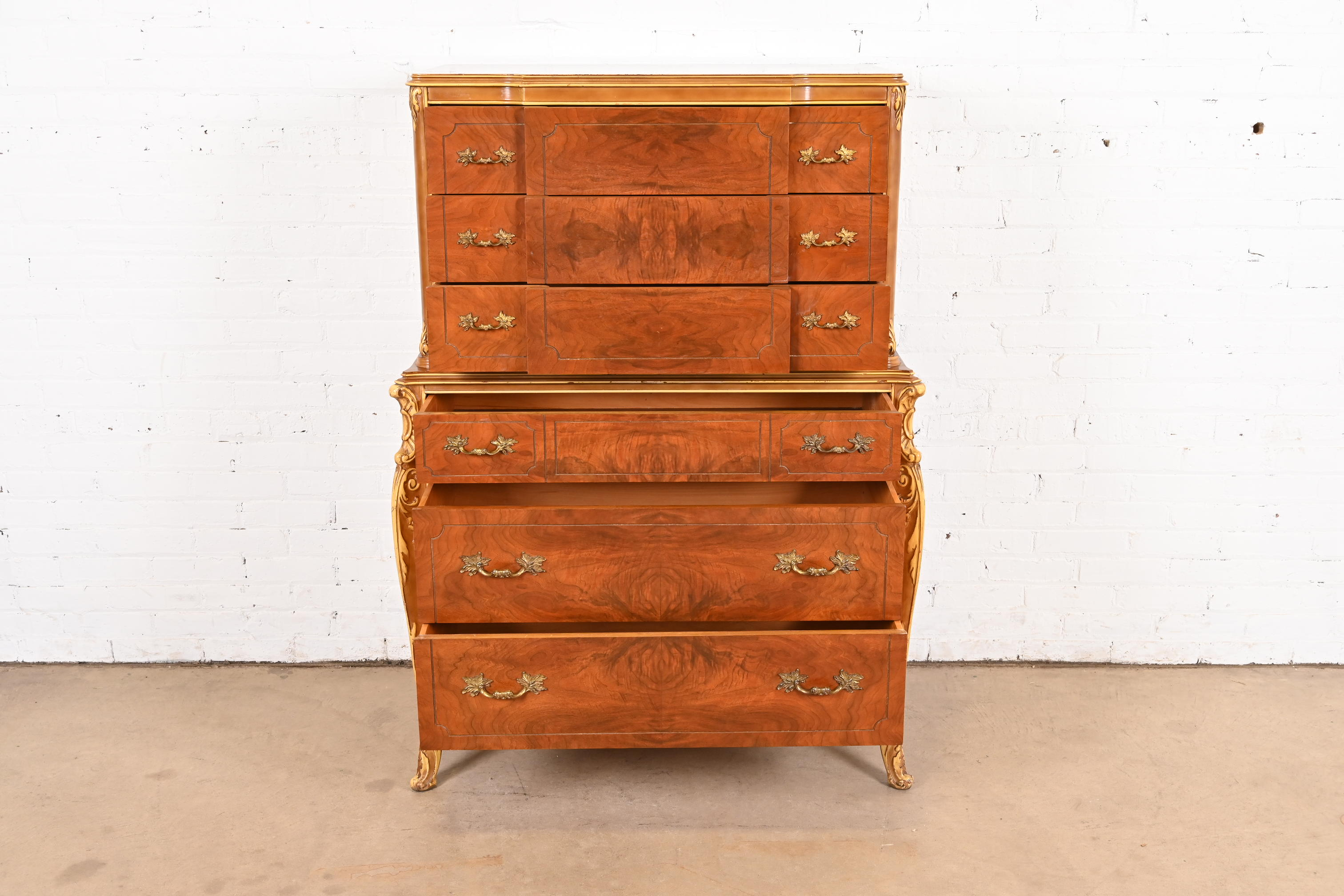 Antique French Provincial Louis XV Burled Walnut and Parcel Painted Highboy Dresser, Circa 1920s - Image 5