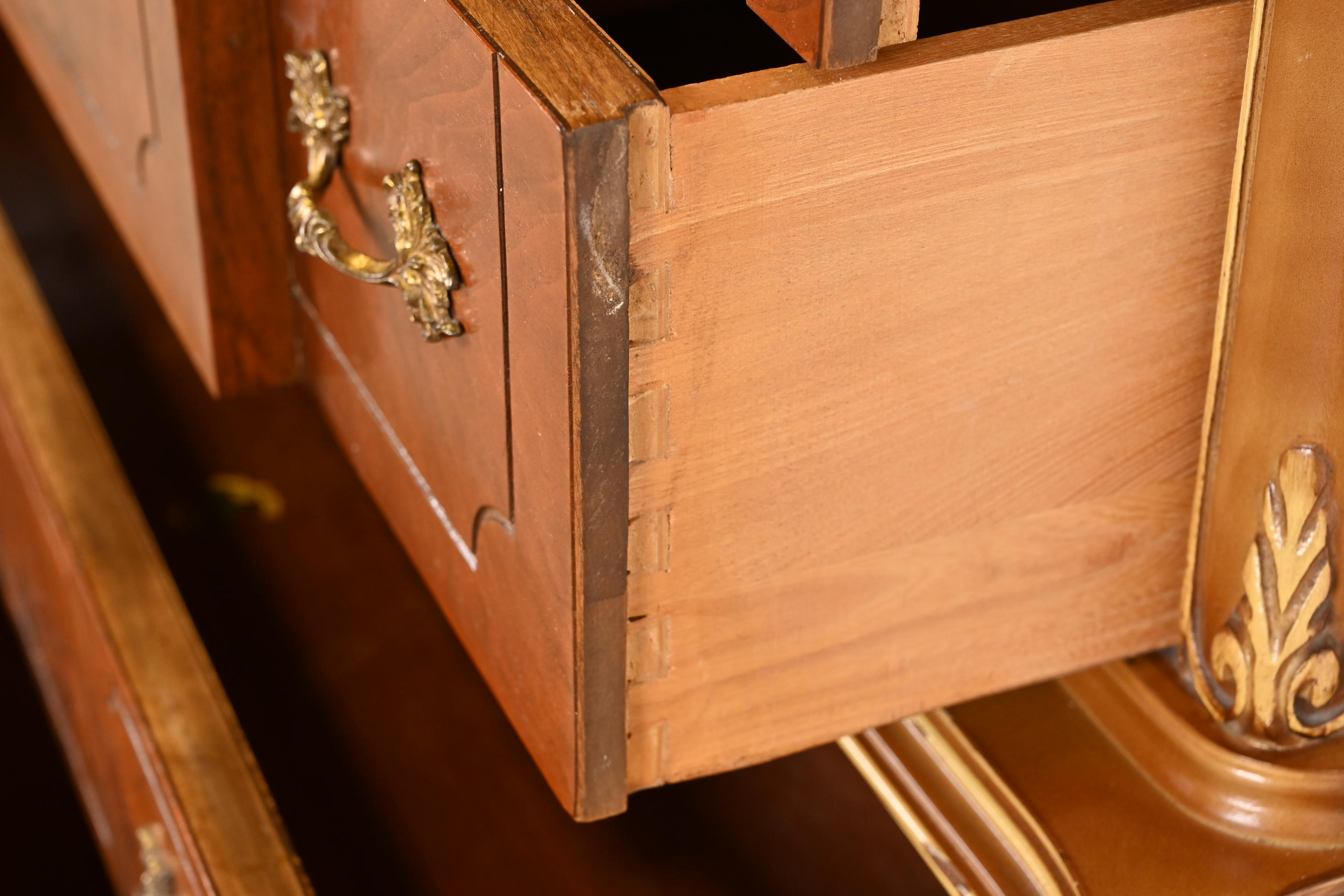 Antique French Provincial Louis XV Burled Walnut and Parcel Painted Highboy Dresser, Circa 1920s - Image 7