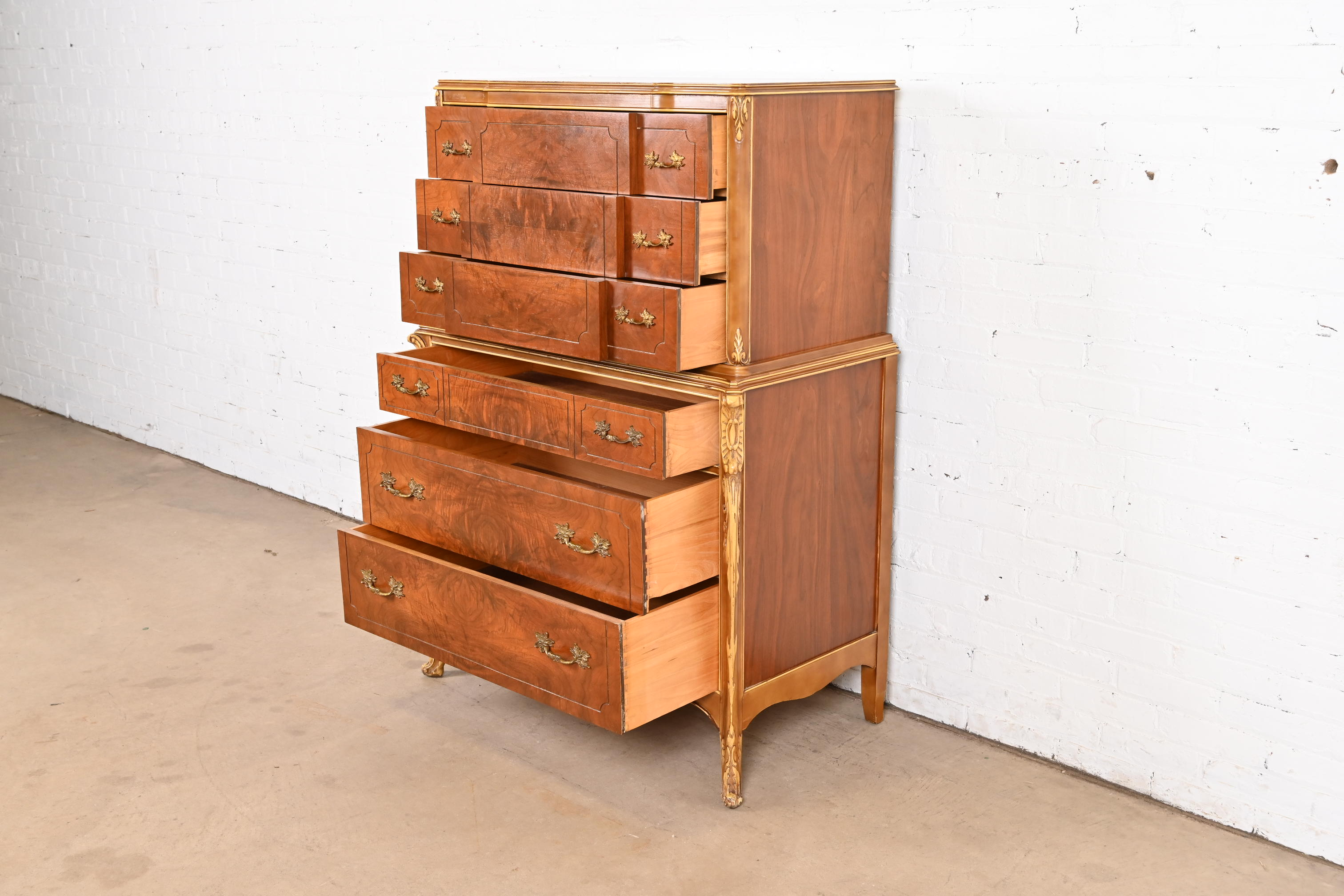 Antique French Provincial Louis XV Burled Walnut and Parcel Painted Highboy Dresser, Circa 1920s - Image 6