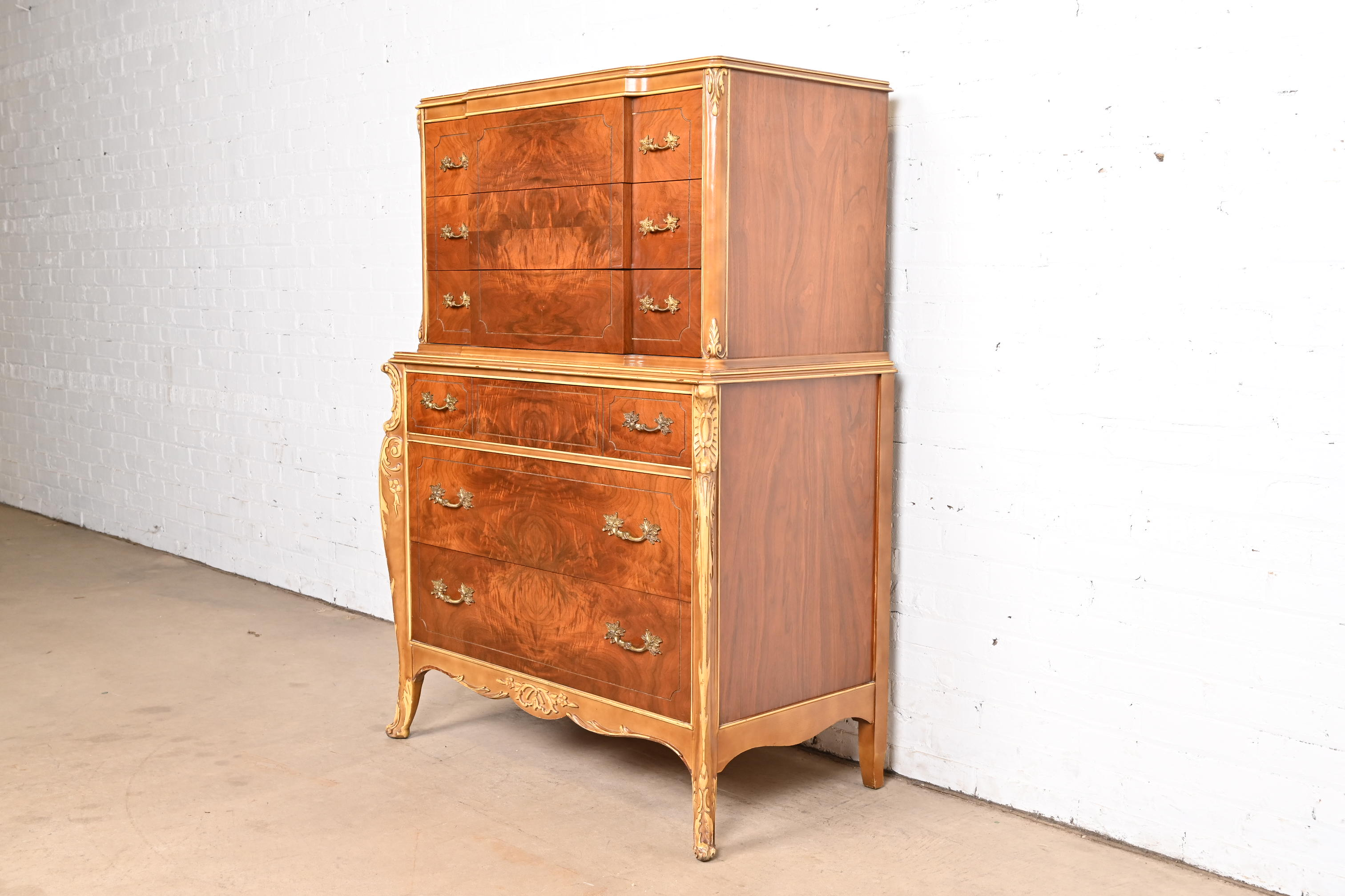 Antique French Provincial Louis XV Burled Walnut and Parcel Painted Highboy Dresser, Circa 1920s