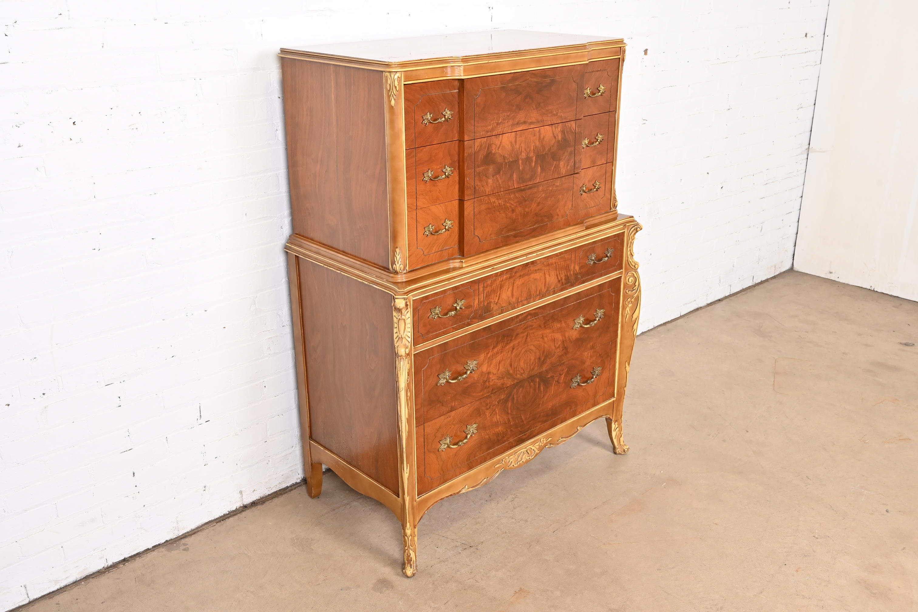 Antique French Provincial Louis XV Burled Walnut and Parcel Painted Highboy Dresser, Circa 1920s - Image 2