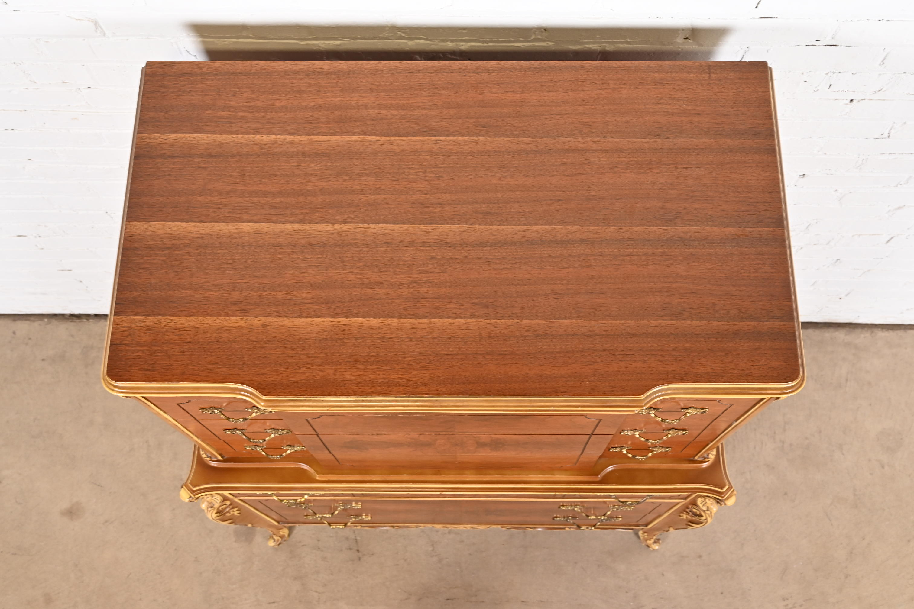 Antique French Provincial Louis XV Burled Walnut and Parcel Painted Highboy Dresser, Circa 1920s - Image 9
