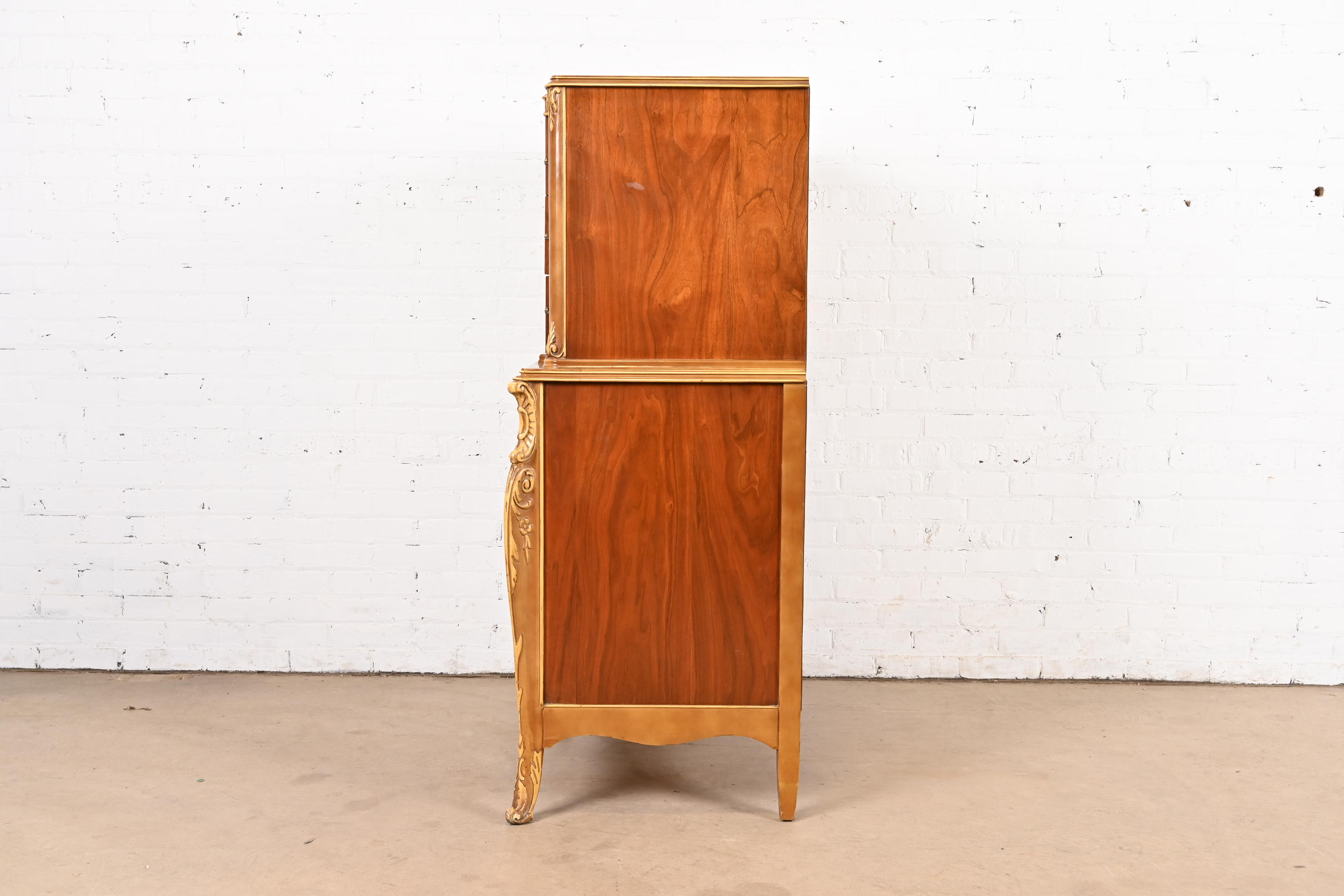 Antique French Provincial Louis XV Burled Walnut and Parcel Painted Highboy Dresser, Circa 1920s - Image 10