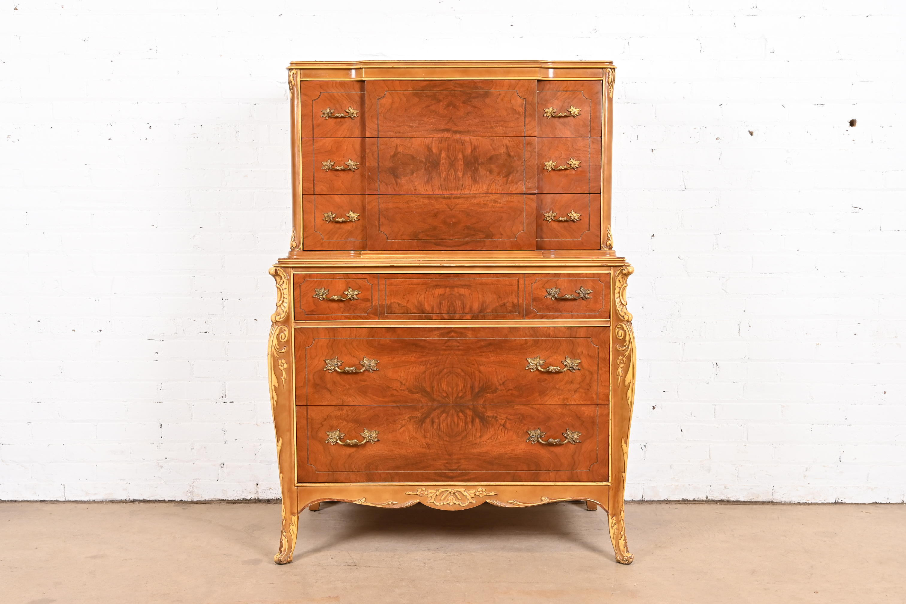 Antique French Provincial Louis XV Burled Walnut and Parcel Painted Highboy Dresser, Circa 1920s - Image 3