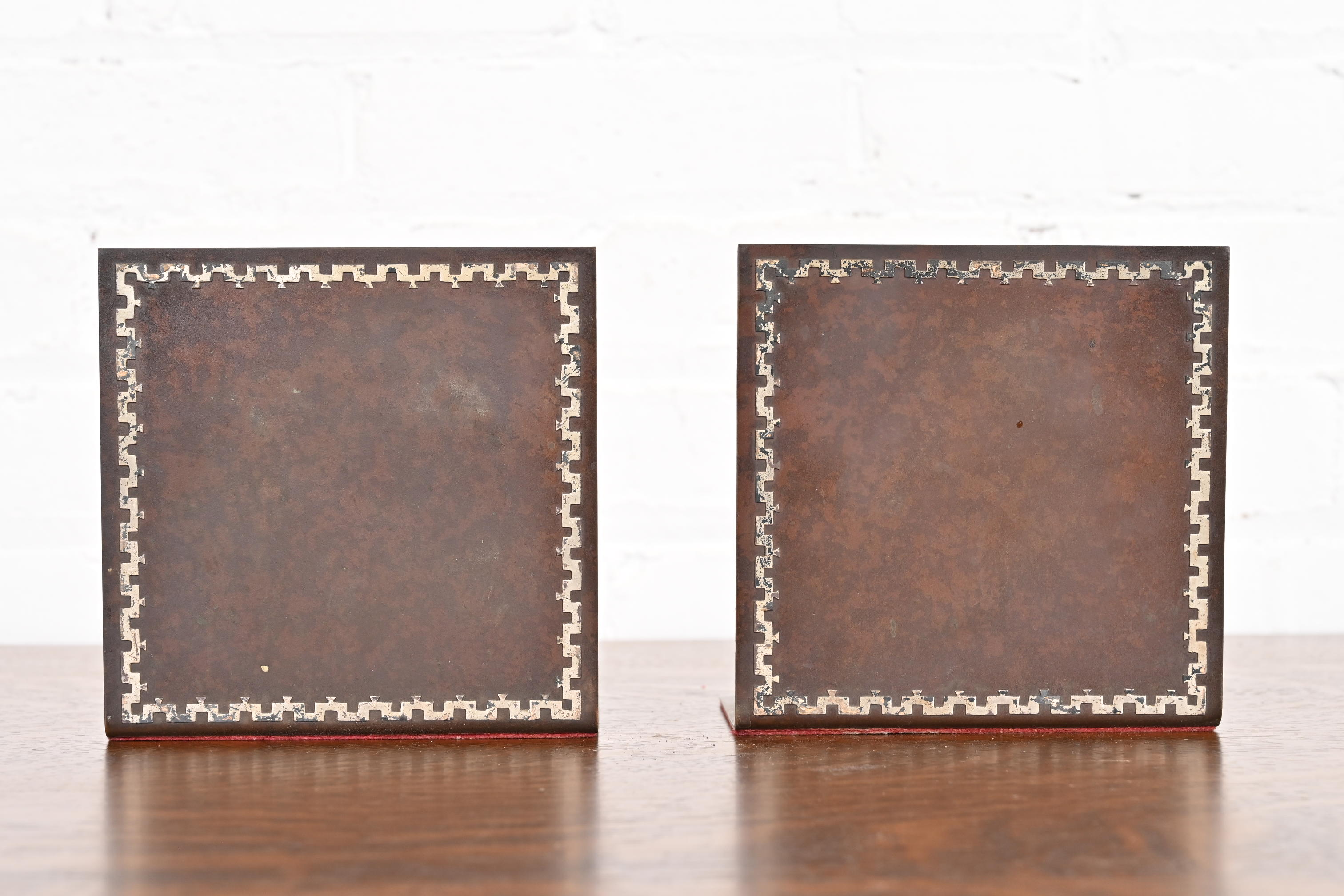 Heintz Arts & Crafts Sterling Silver on Bronze Bookends