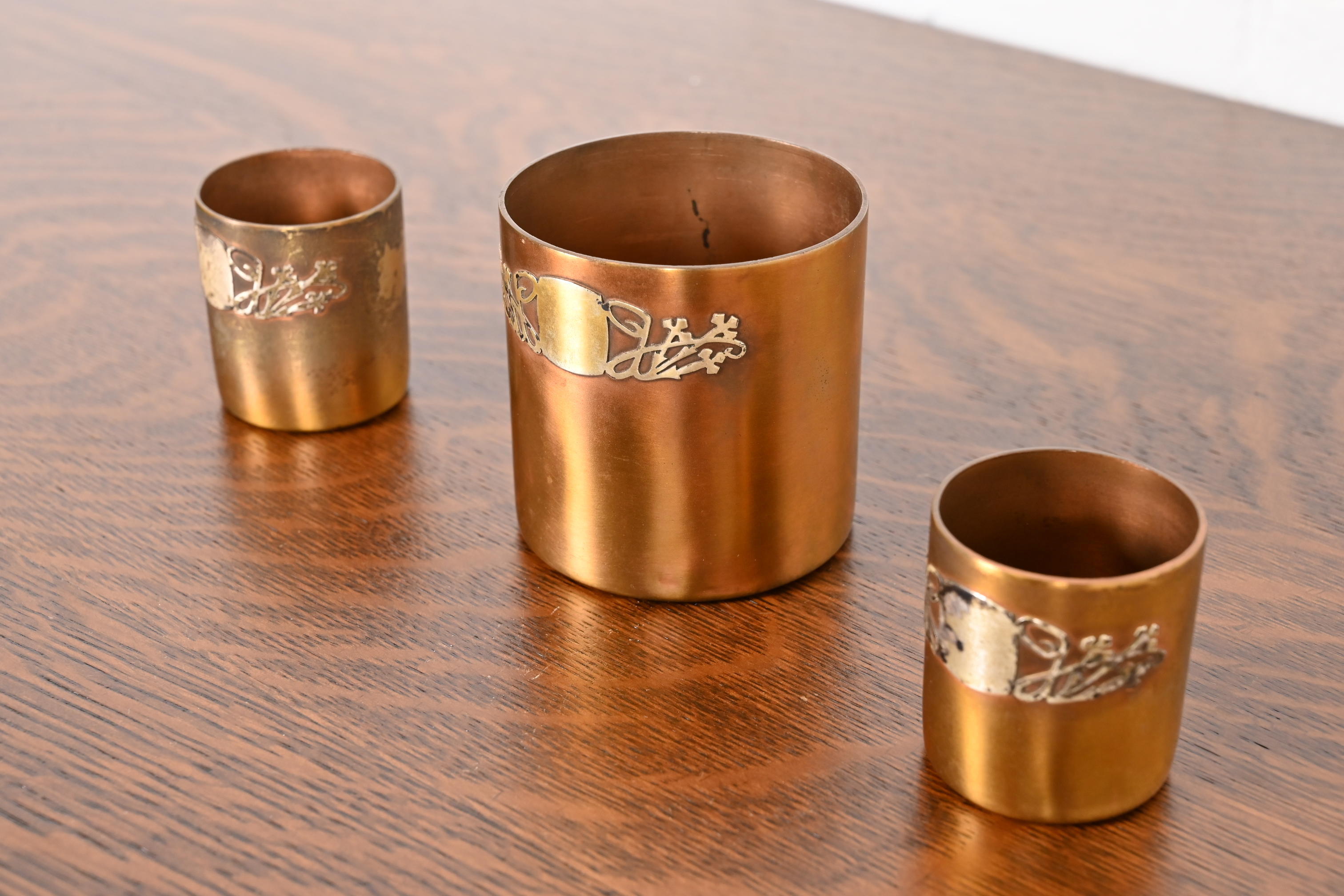 Heintz Arts & Crafts Sterling Silver on Bronze Tumblers, Set of Three - Image 4