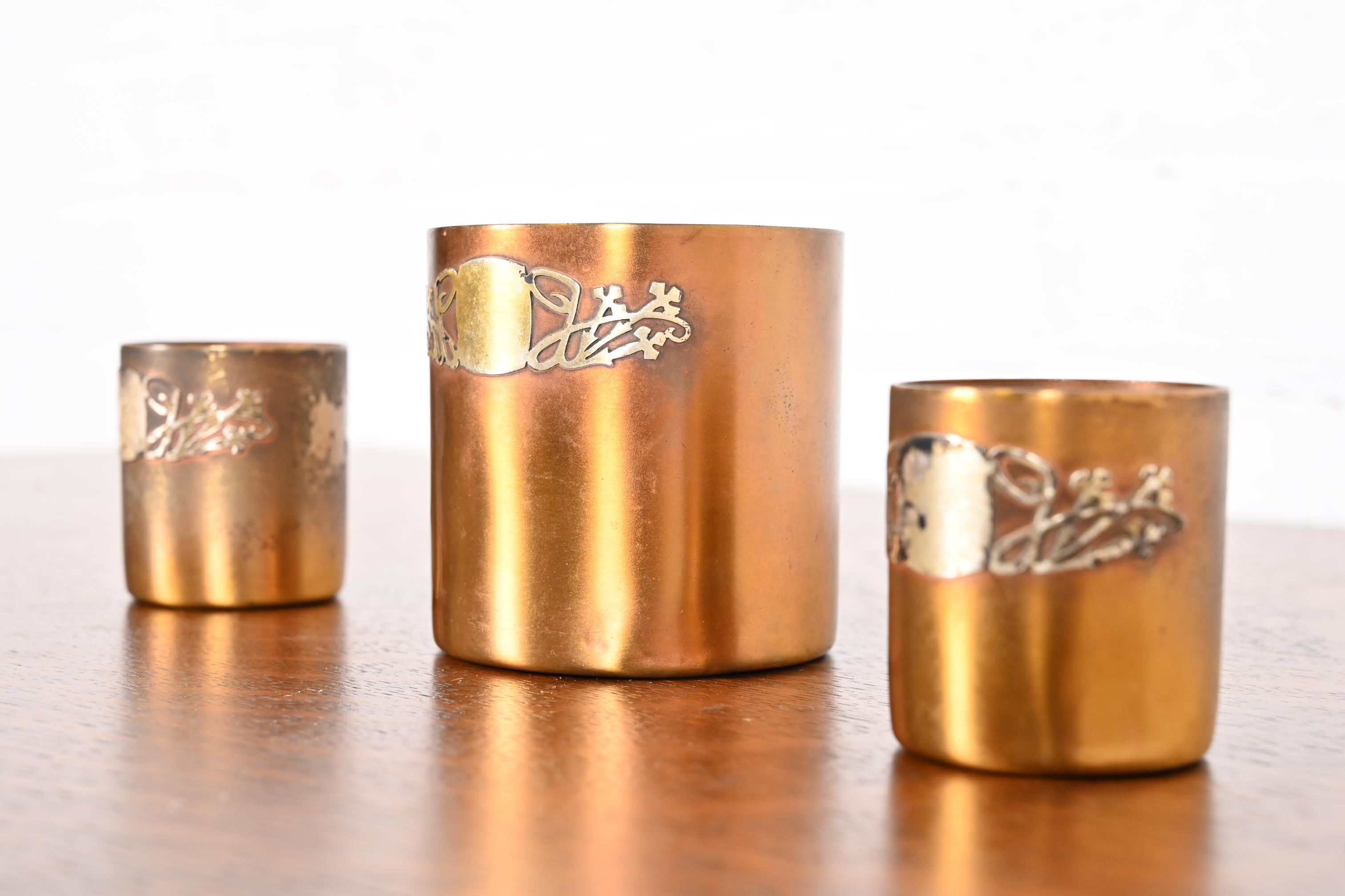 Heintz Arts & Crafts Sterling Silver on Bronze Tumblers, Set of Three - Image 3