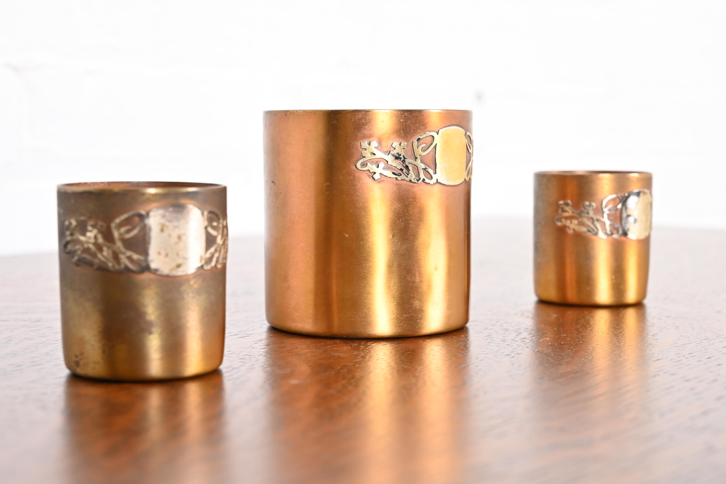 Heintz Arts & Crafts Sterling Silver on Bronze Tumblers, Set of Three - Image 5