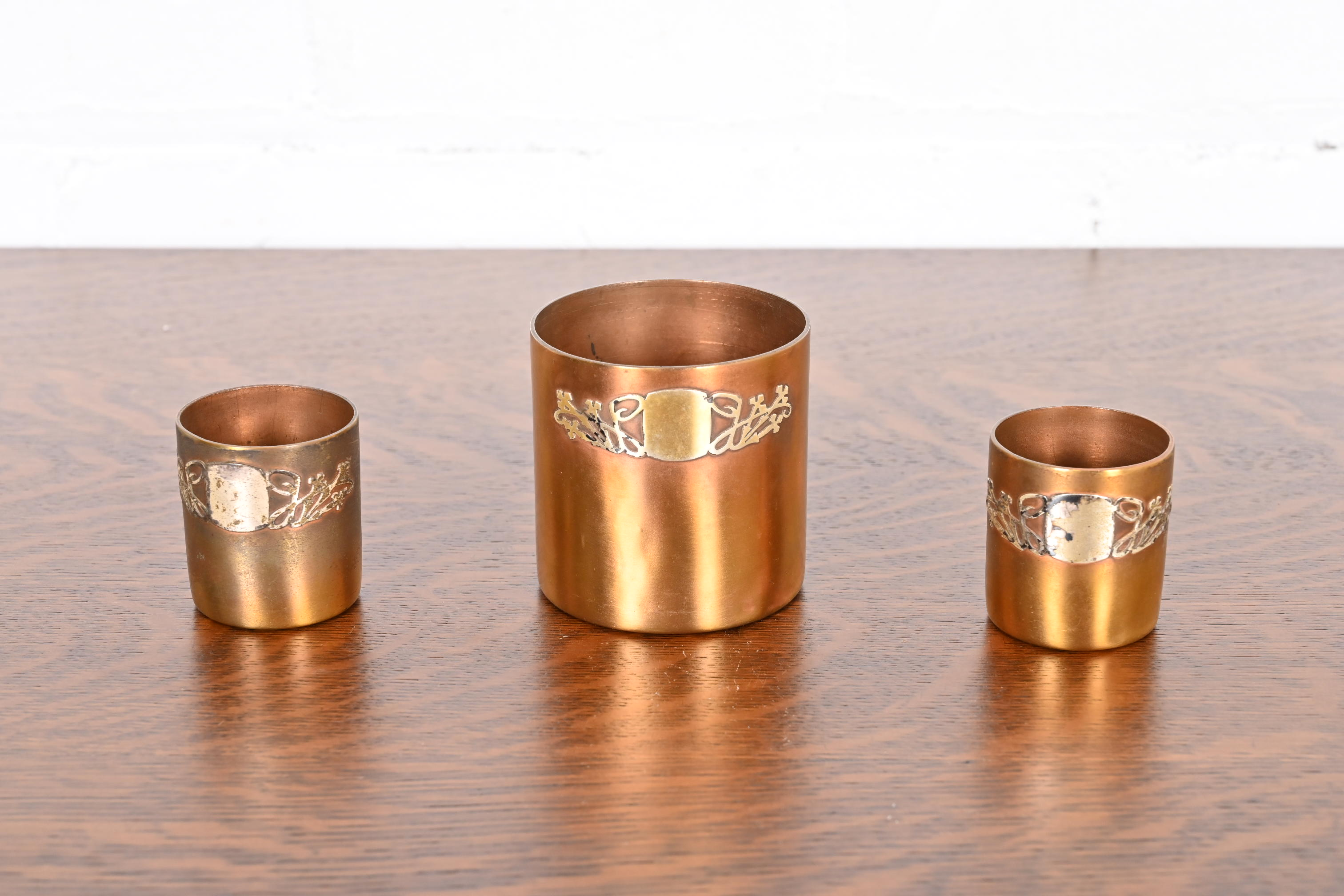 Heintz Arts & Crafts Sterling Silver on Bronze Tumblers, Set of Three - Image 2