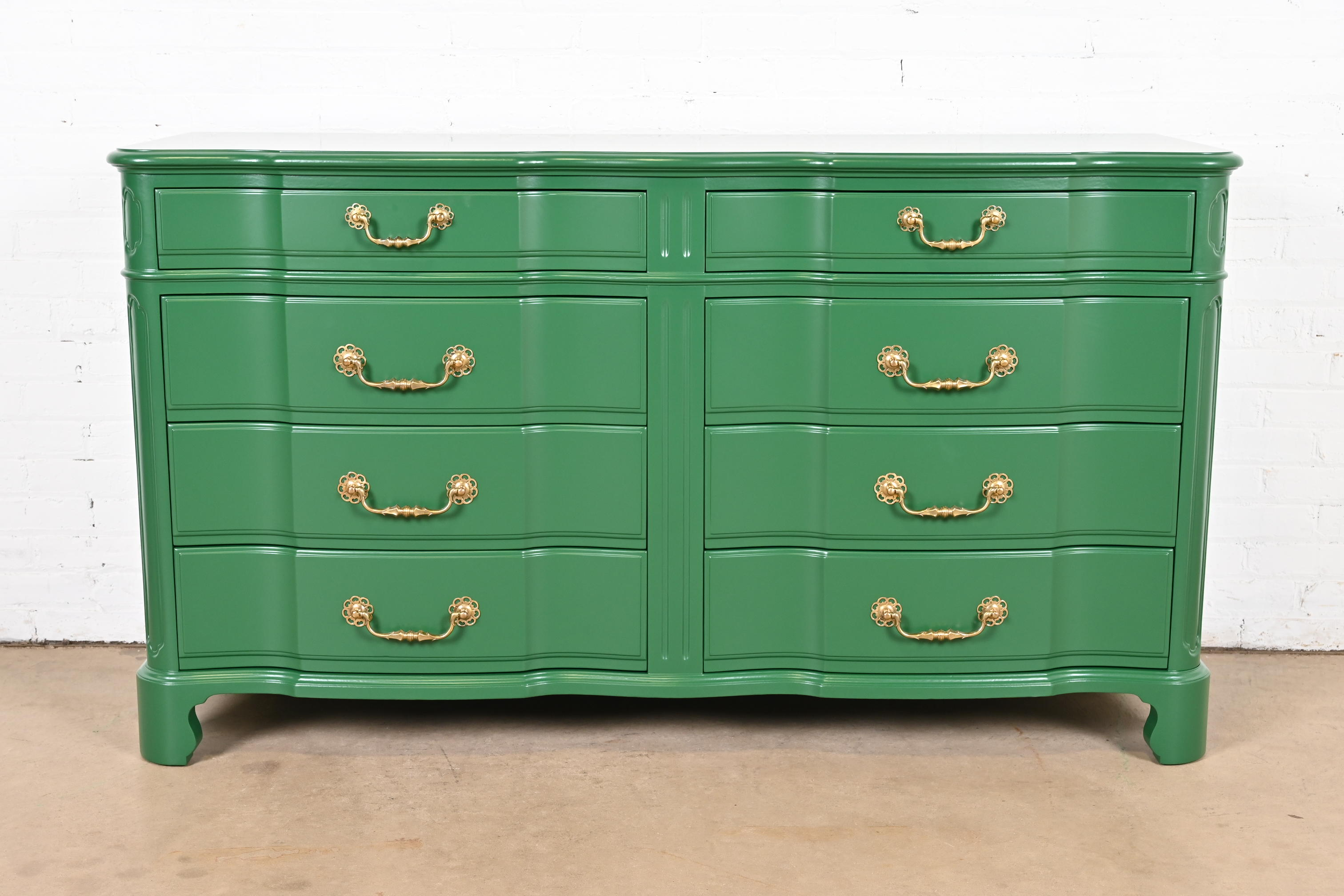 John Widdicomb Georgian Green Lacquered Eight-Drawer Double Dresser, Newly Refinished