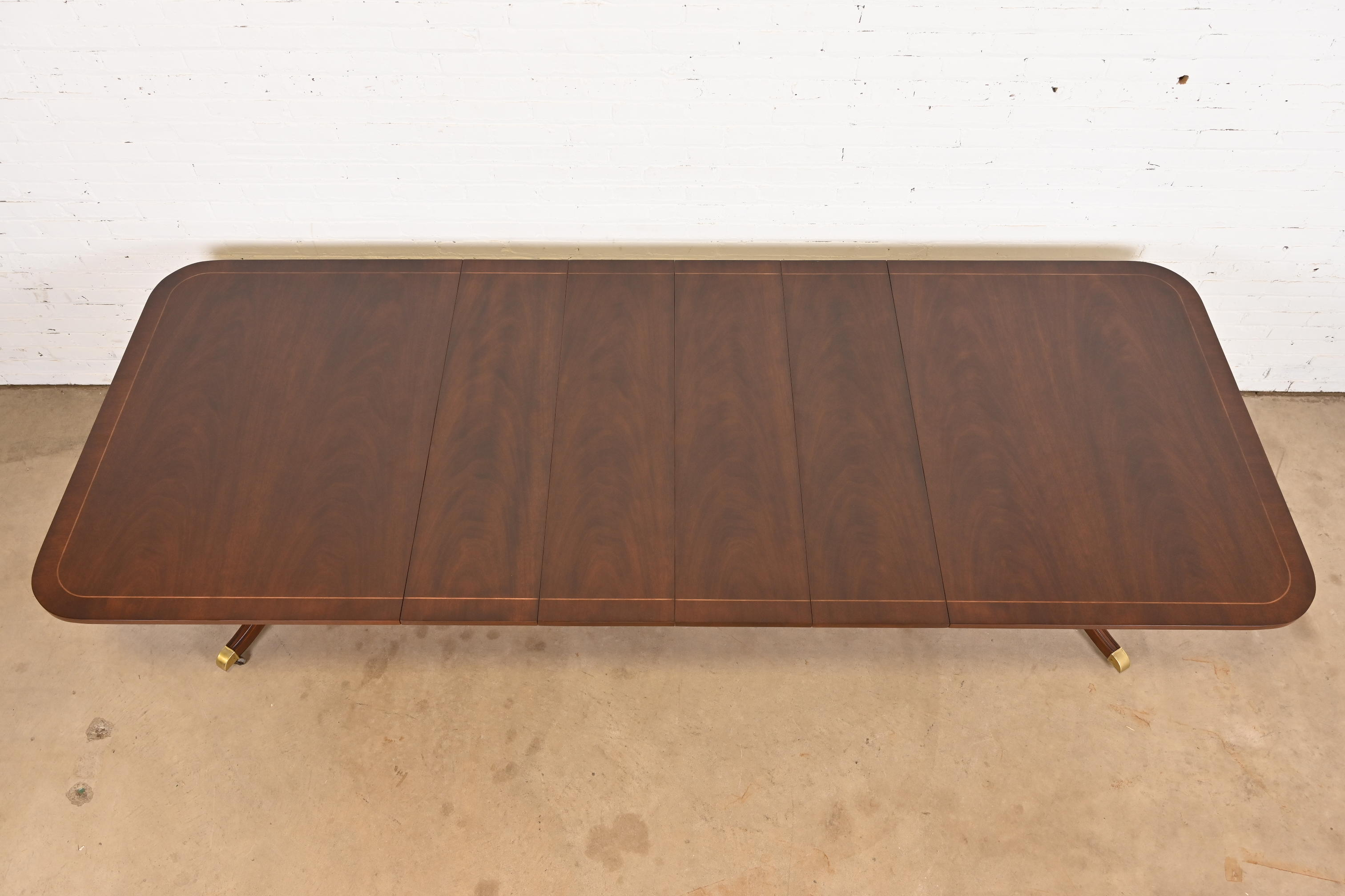 Kindel Furniture Georgian Banded Mahogany Double Pedestal Extension Dining Table, Newly Refinished - Image 5