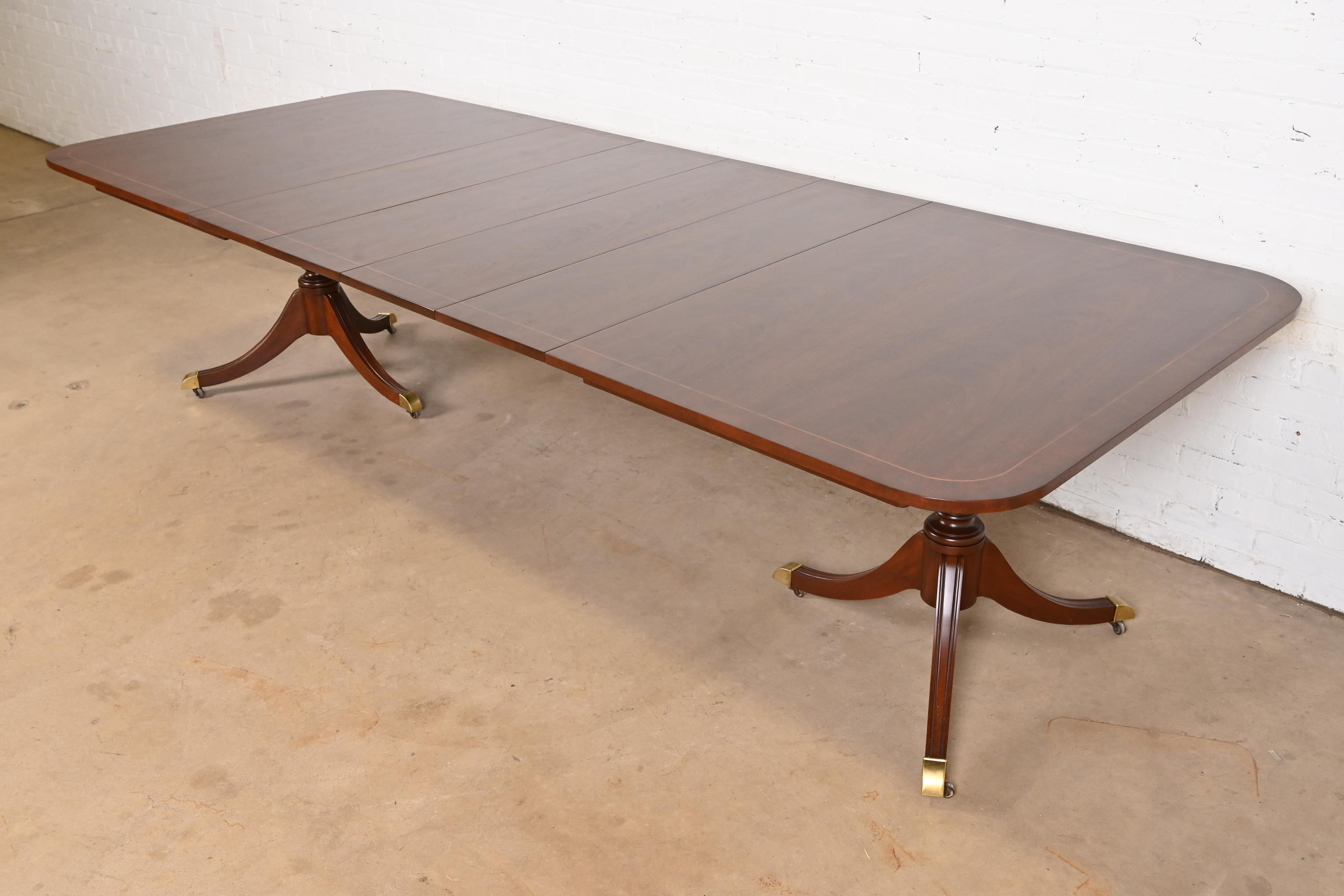 Kindel Furniture Georgian Banded Mahogany Double Pedestal Extension Dining Table, Newly Refinished