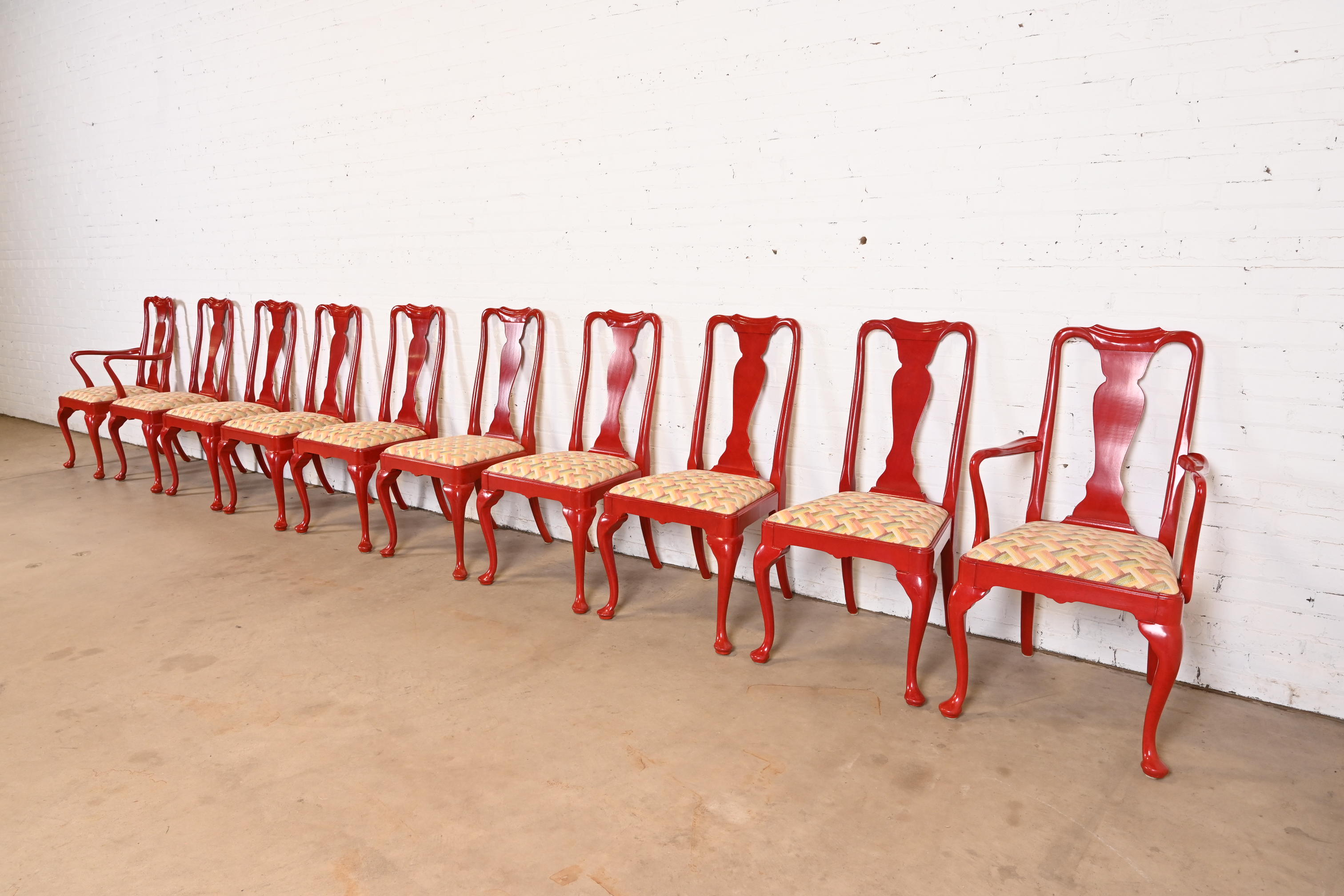 Kindel Furniture Style Chinoiserie Queen Anne Red Lacquered Dining Chairs, Set of Ten