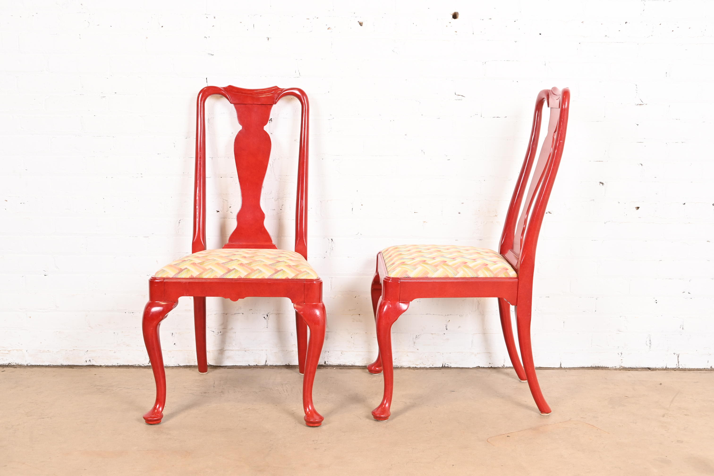 Kindel Furniture Style Chinoiserie Queen Anne Red Lacquered Dining Chairs, Set of Ten - Image 10