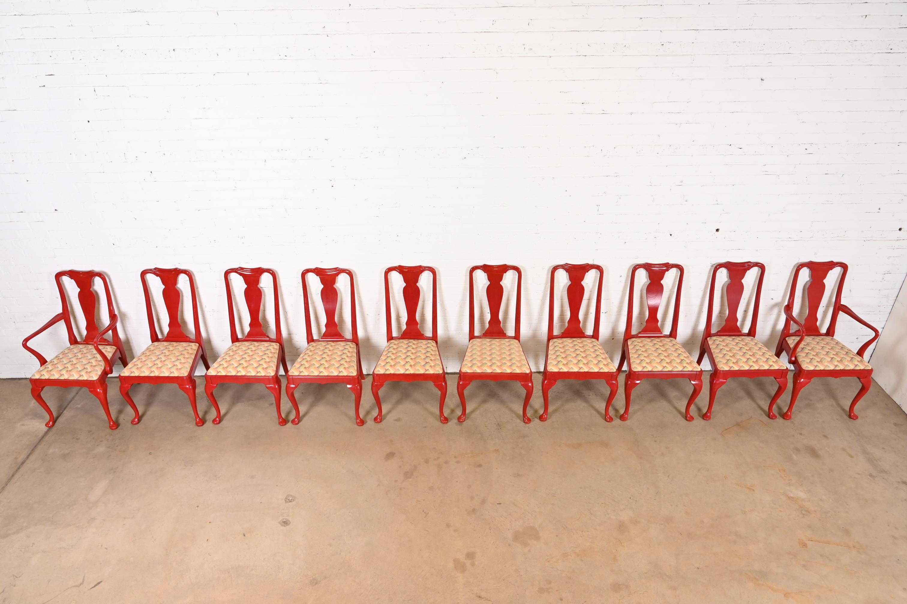 Kindel Furniture Style Chinoiserie Queen Anne Red Lacquered Dining Chairs, Set of Ten - Image 3