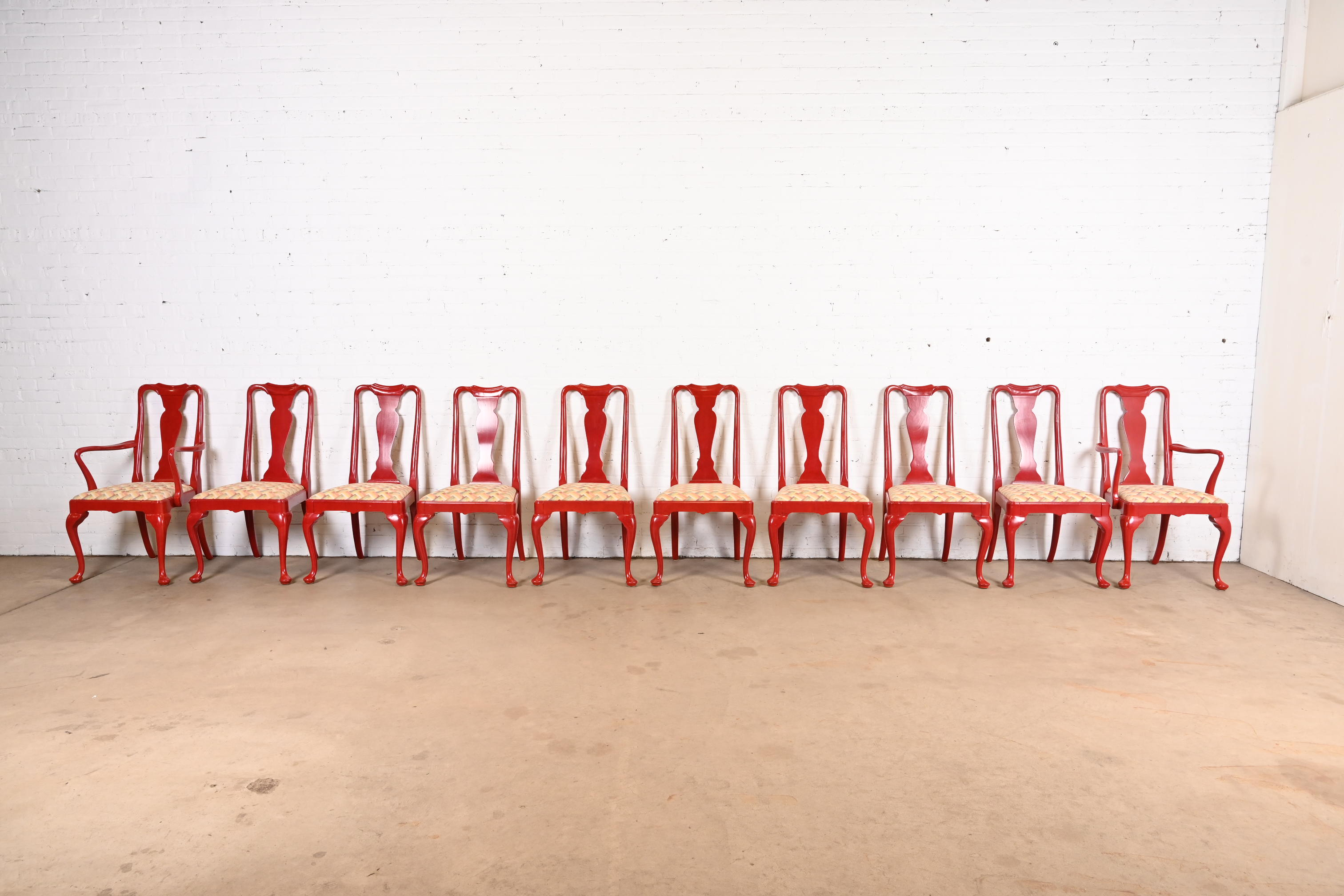 Kindel Furniture Style Chinoiserie Queen Anne Red Lacquered Dining Chairs, Set of Ten - Image 2