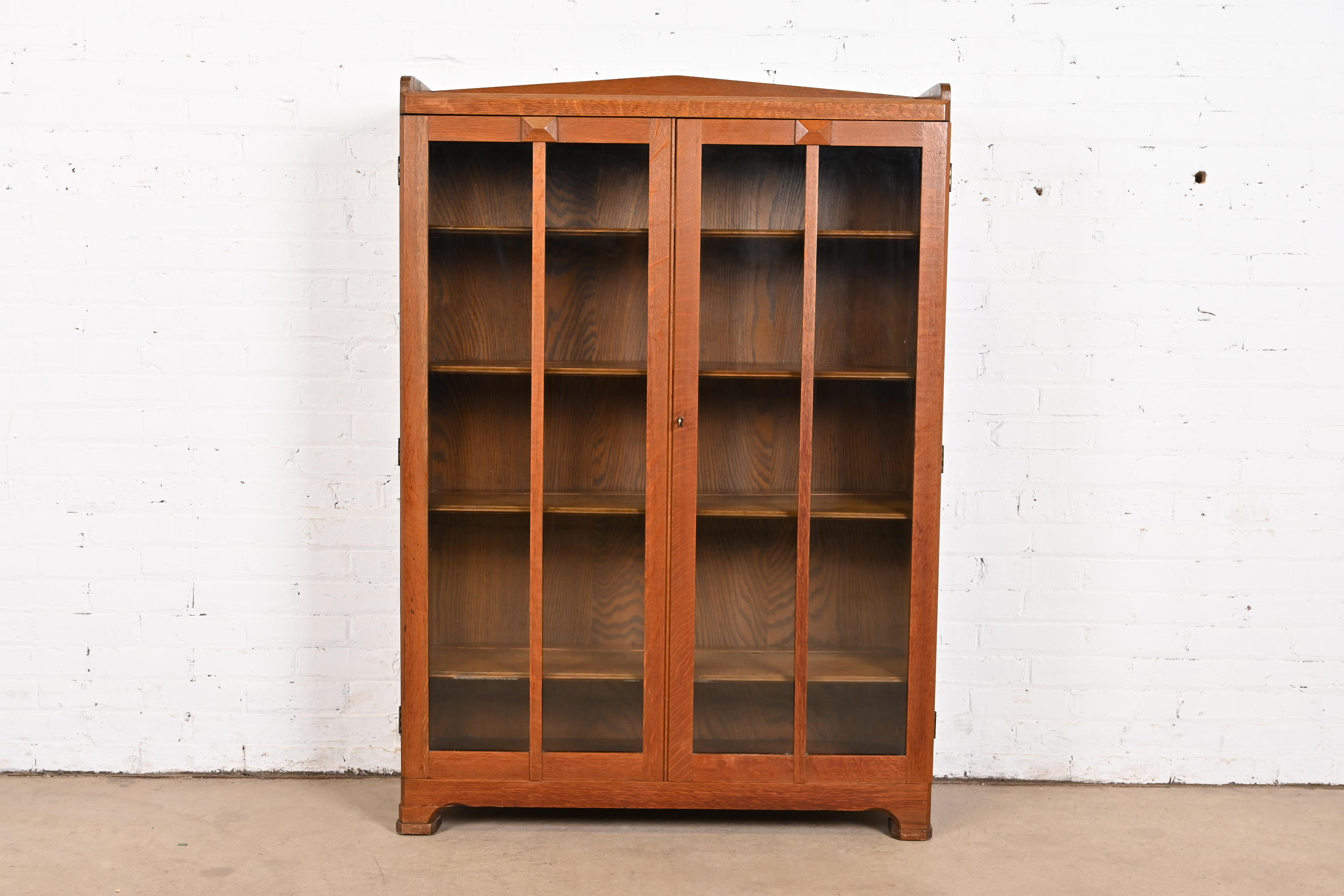 Stickley Brothers Style Antique Mission Oak Arts & Crafts Glass Front Bookcase Cabinet, Circa 1900