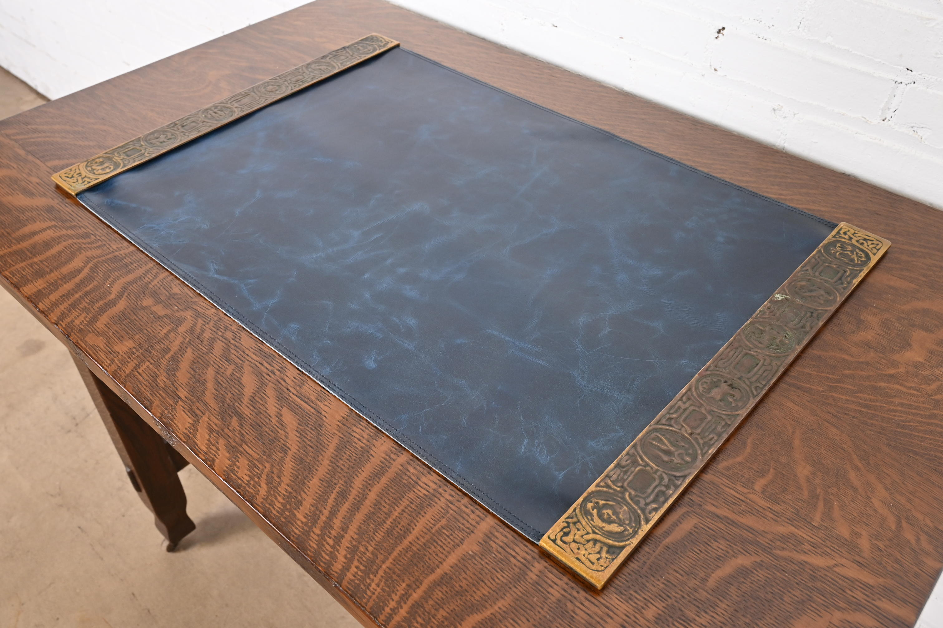 Tiffany Studios New York Zodiac Bronze Blotter Ends With Leather Desk Blotter