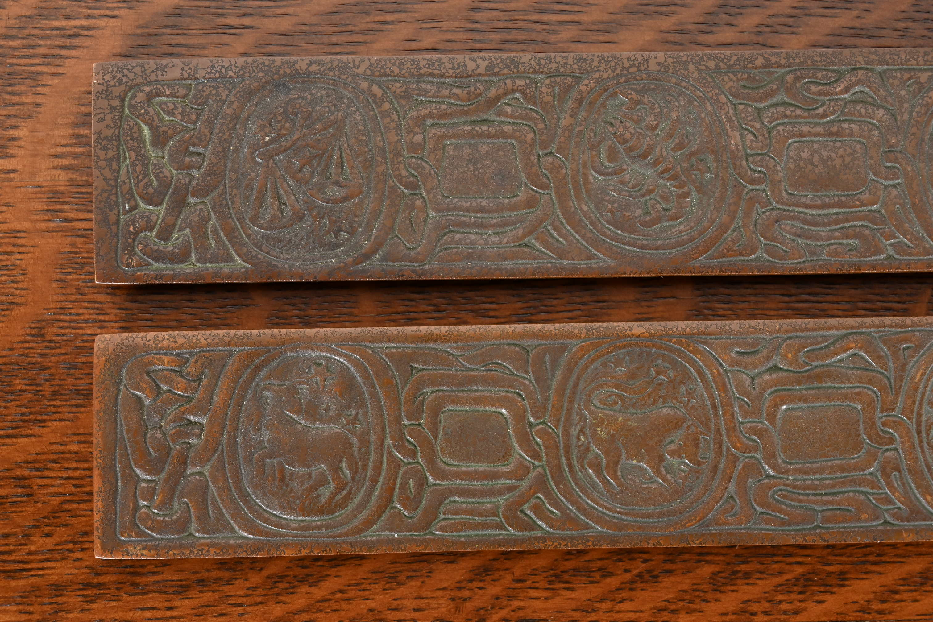 Tiffany Studios New York Zodiac Bronze Blotter Ends With Leather Desk Blotter - Image 9