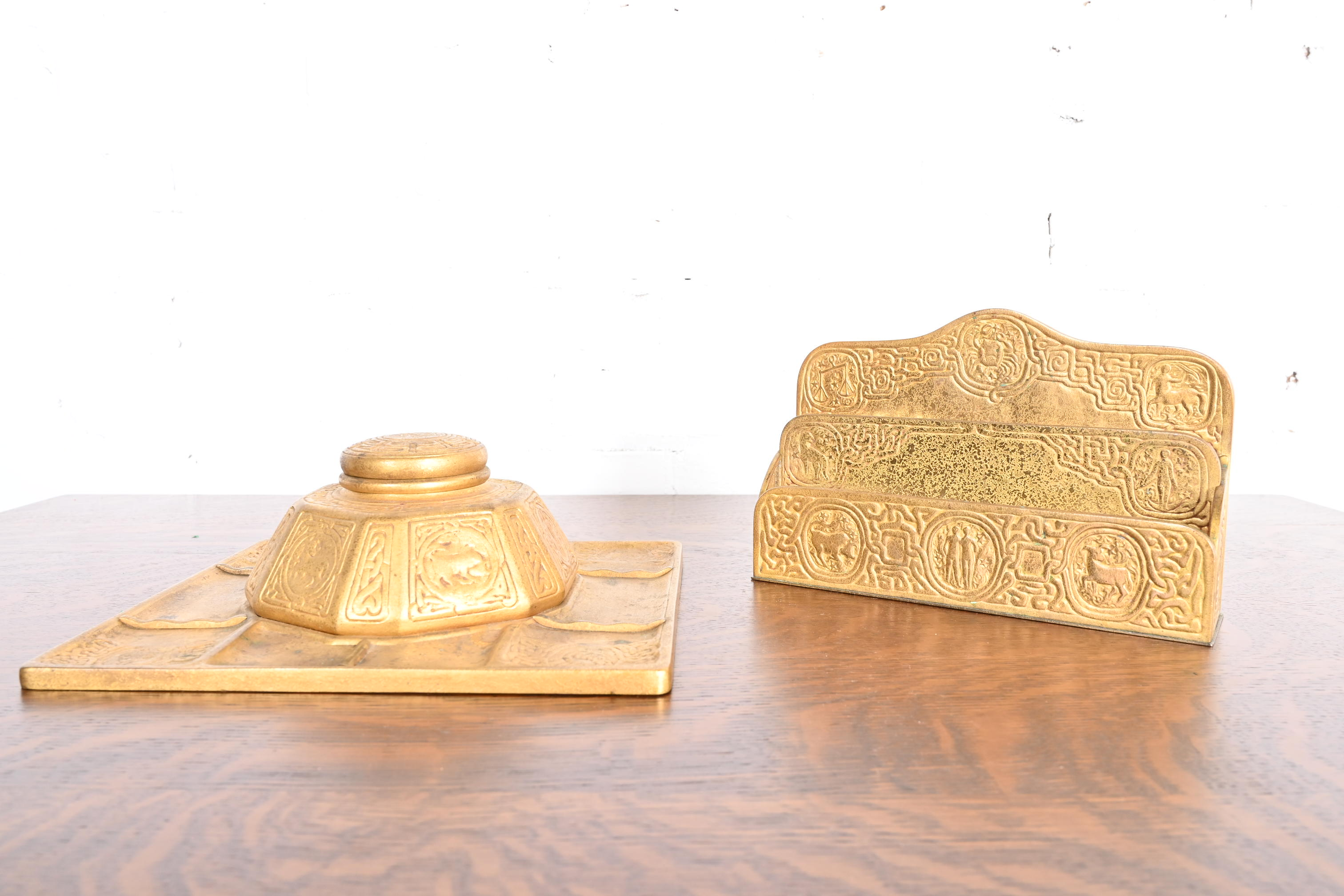 Tiffany Studios New York Zodiac Bronze Doré Partner's Inkwell With Desk Tray - Image 11