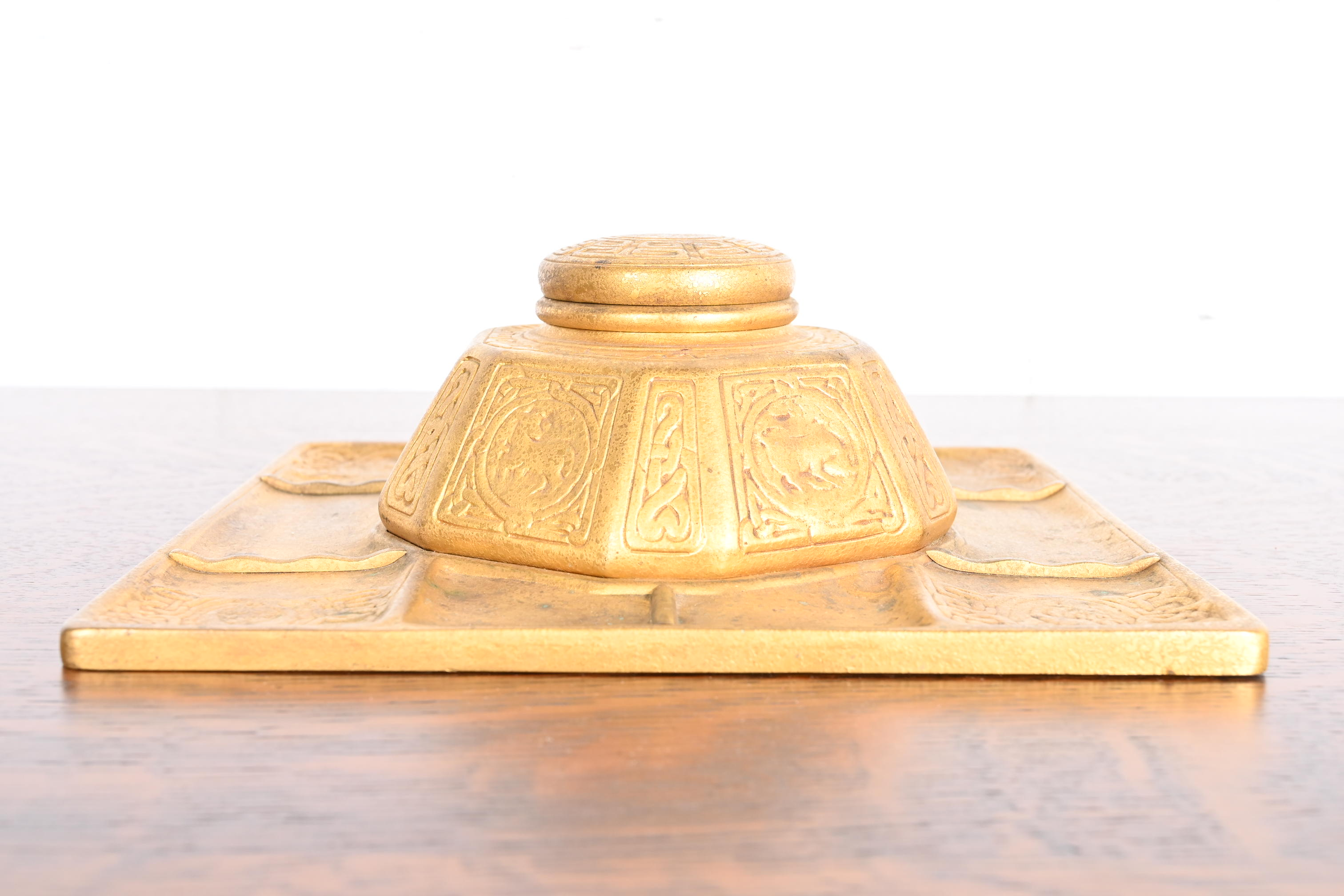 Tiffany Studios New York Zodiac Bronze Doré Partner's Inkwell With Desk Tray - Image 3