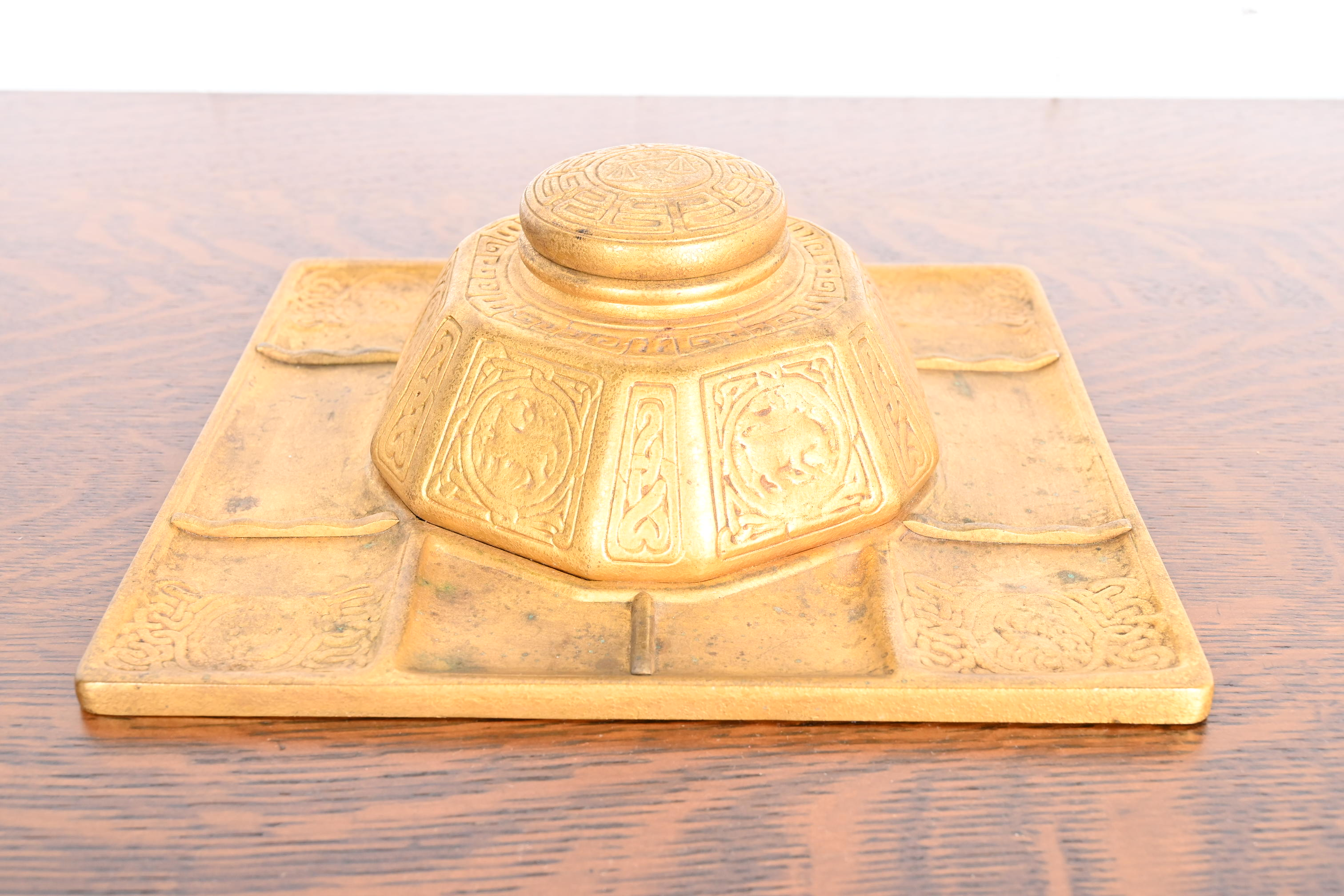Tiffany Studios New York Zodiac Bronze Doré Partner's Inkwell With Desk Tray - Image 2