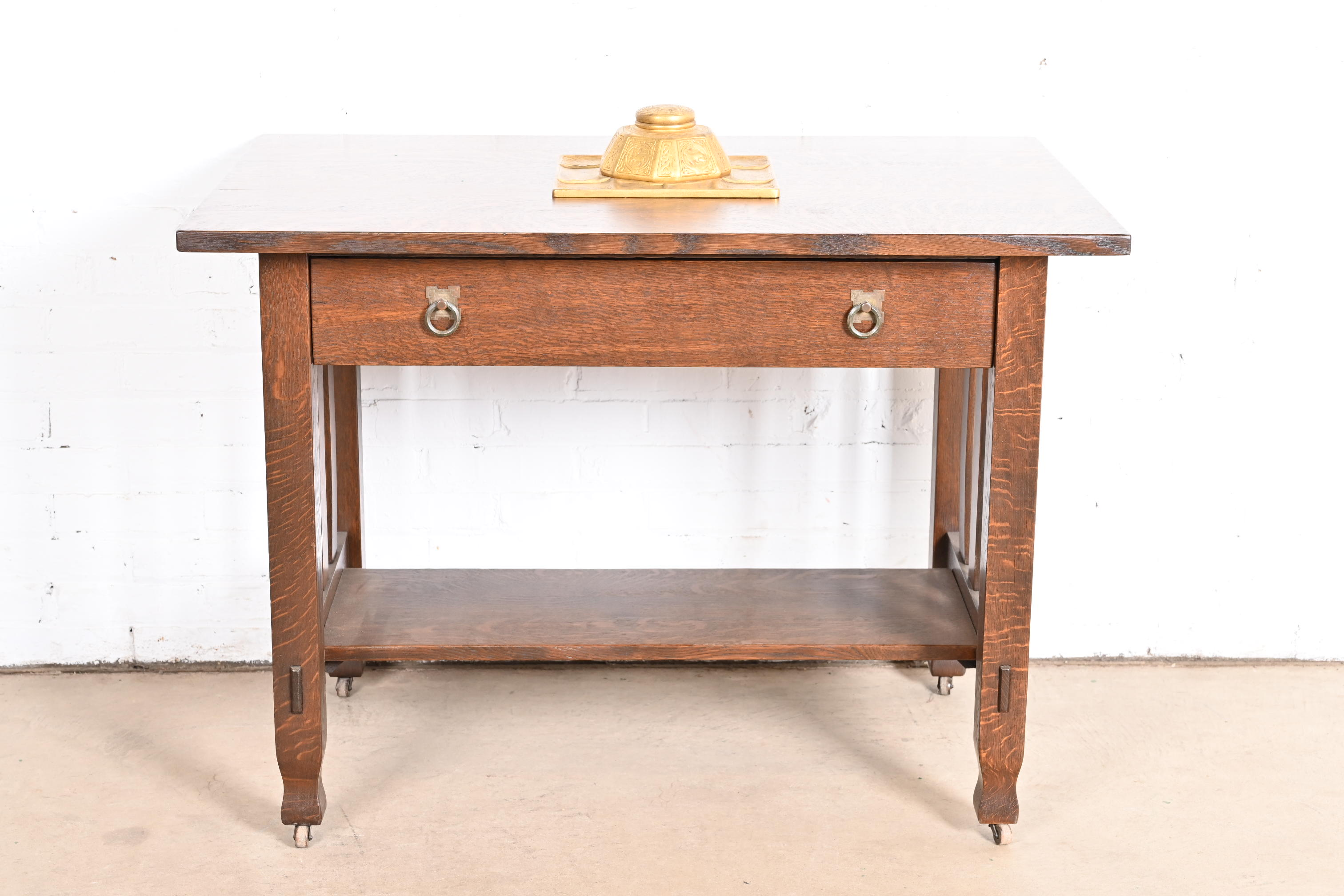 Tiffany Studios New York Zodiac Bronze Doré Partner's Inkwell With Desk Tray - Image 9