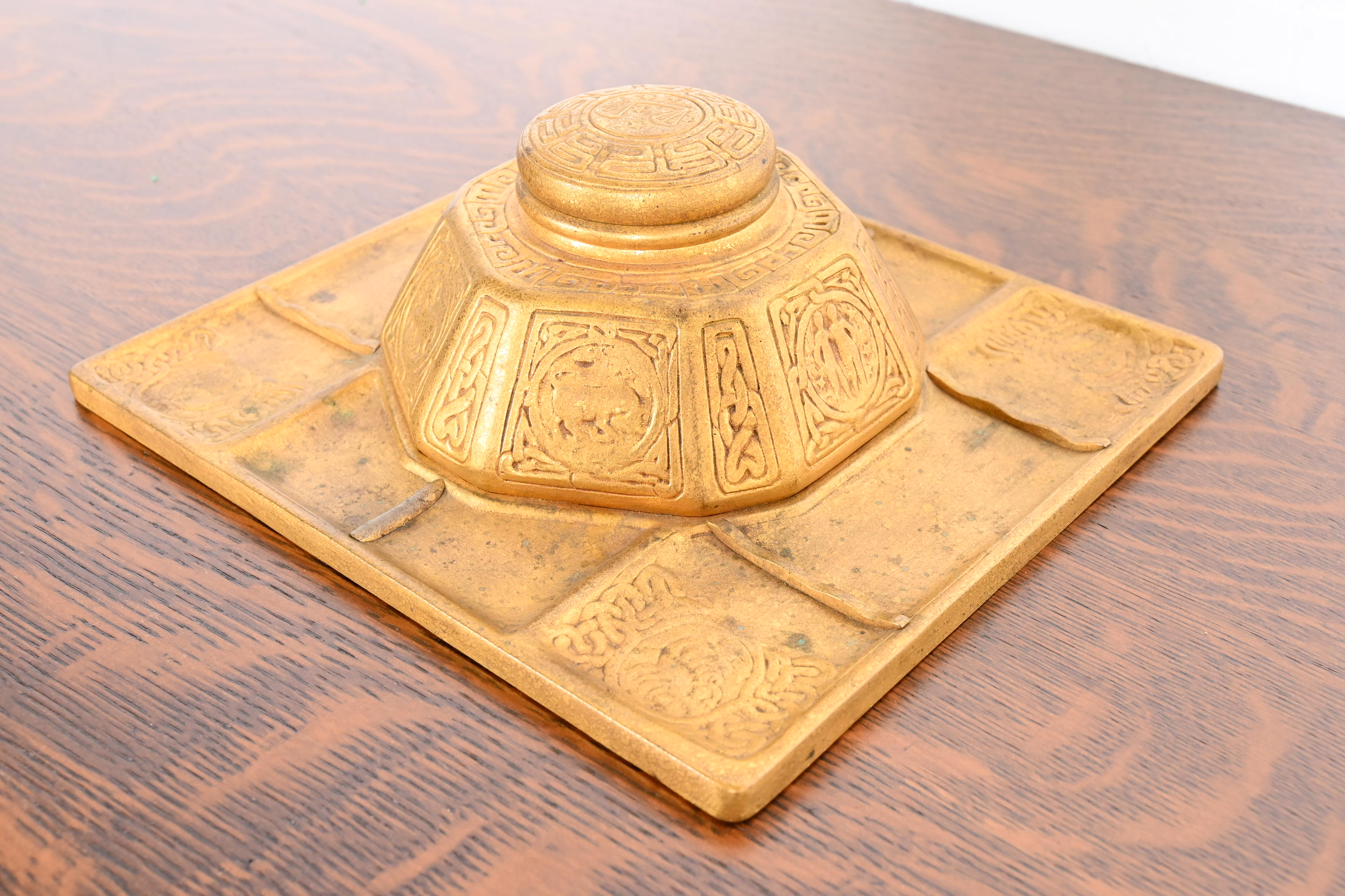 Tiffany Studios New York Zodiac Bronze Doré Partner's Inkwell With Desk Tray