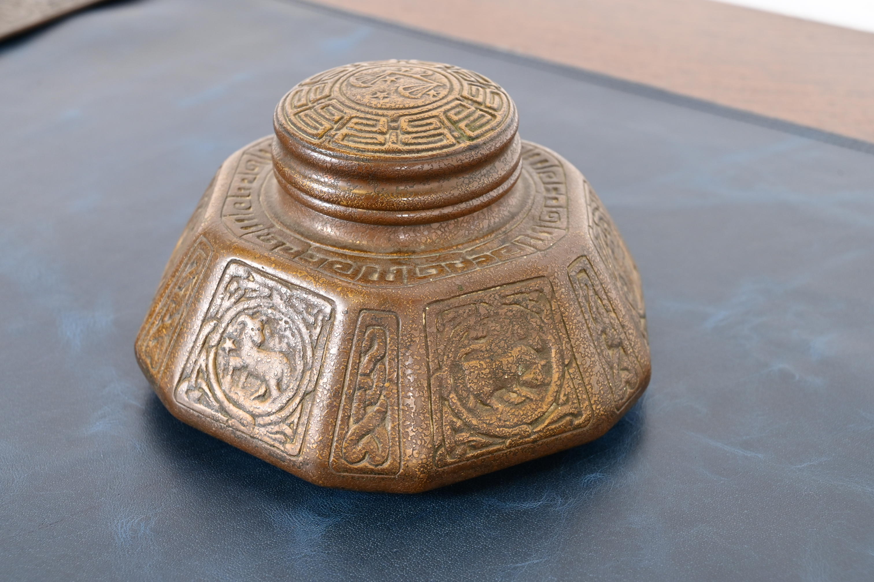 Tiffany Studios New York Zodiac Bronze Large Inkwell