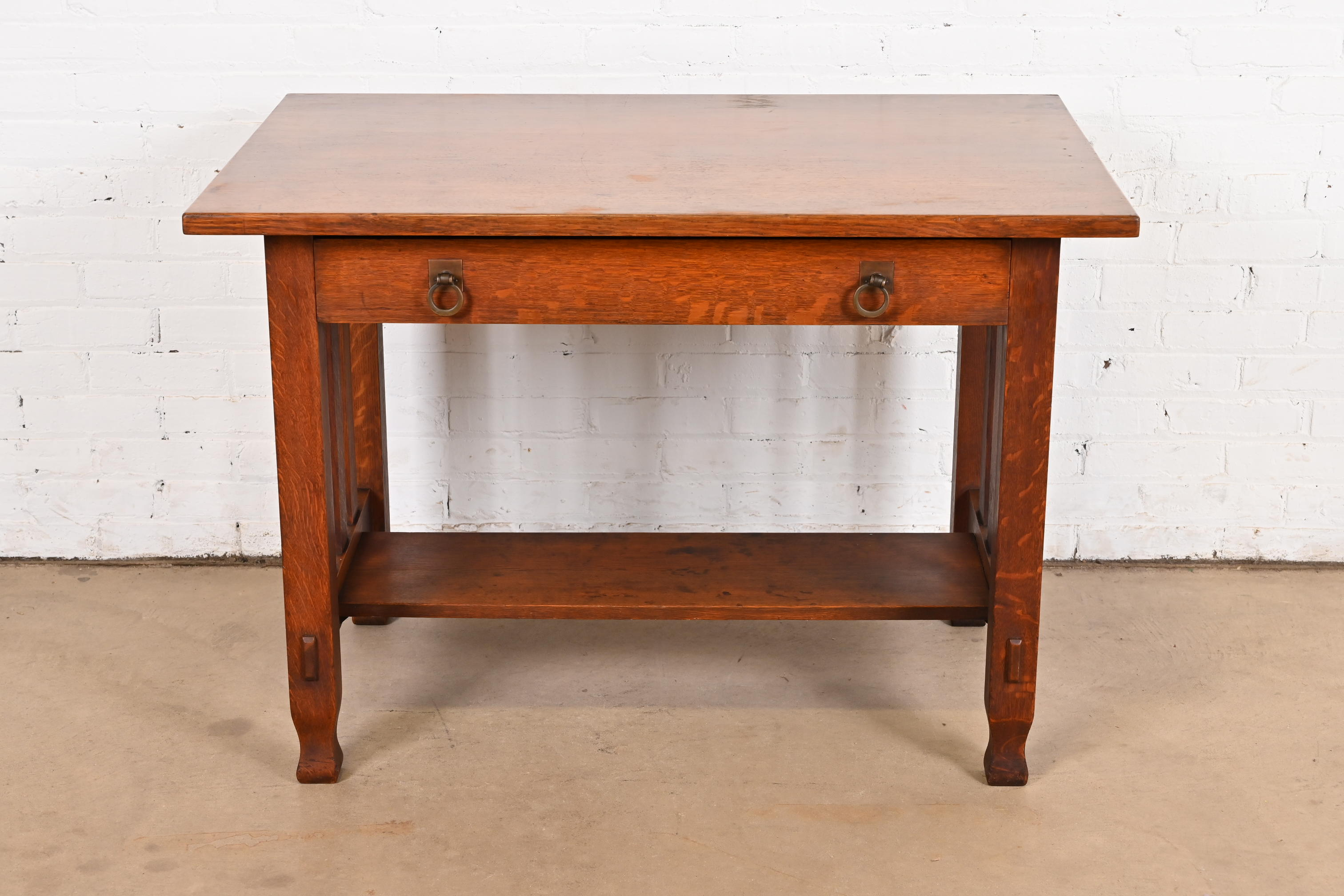 Antique Stickley Brothers Mission Oak Arts & Crafts Writing Desk or Library Table, Circa 1900 - Image 4