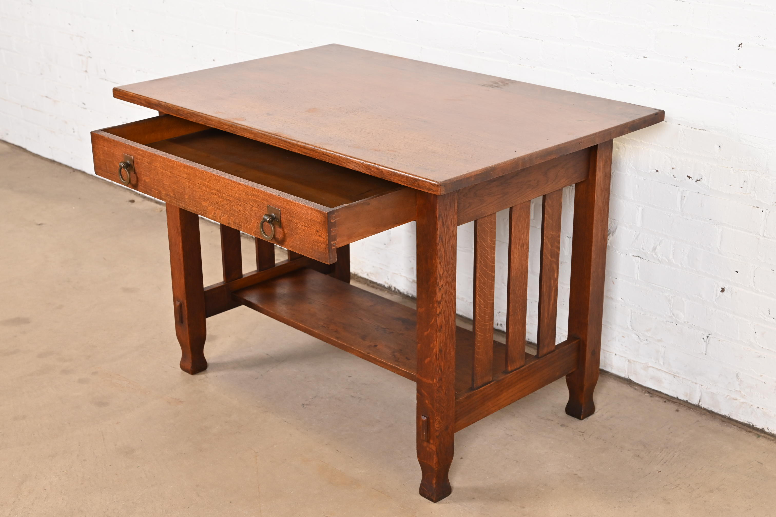 Antique Stickley Brothers Mission Oak Arts & Crafts Writing Desk or Library Table, Circa 1900 - Image 6