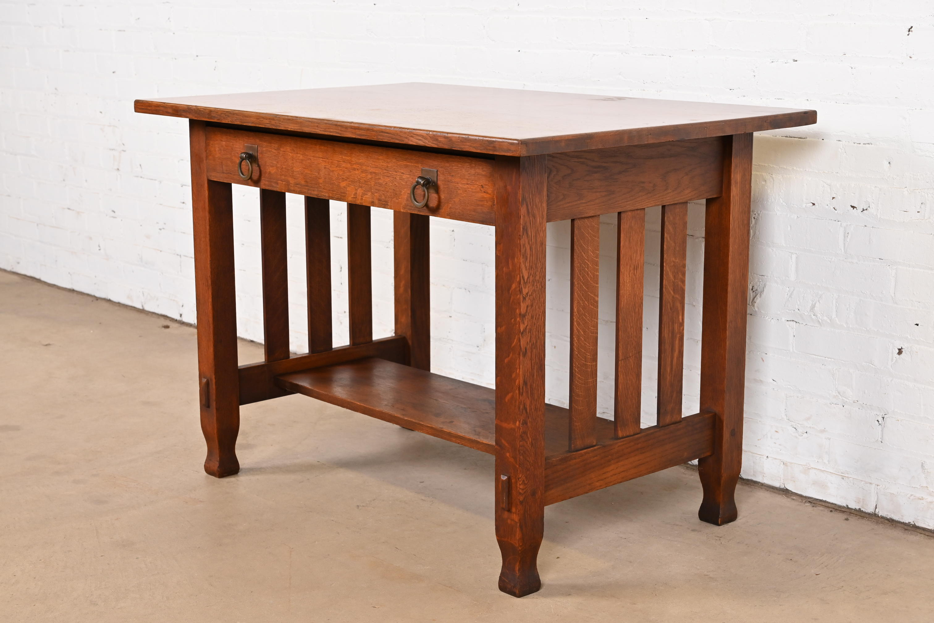 Antique Stickley Brothers Mission Oak Arts & Crafts Writing Desk or Library Table, Circa 1900