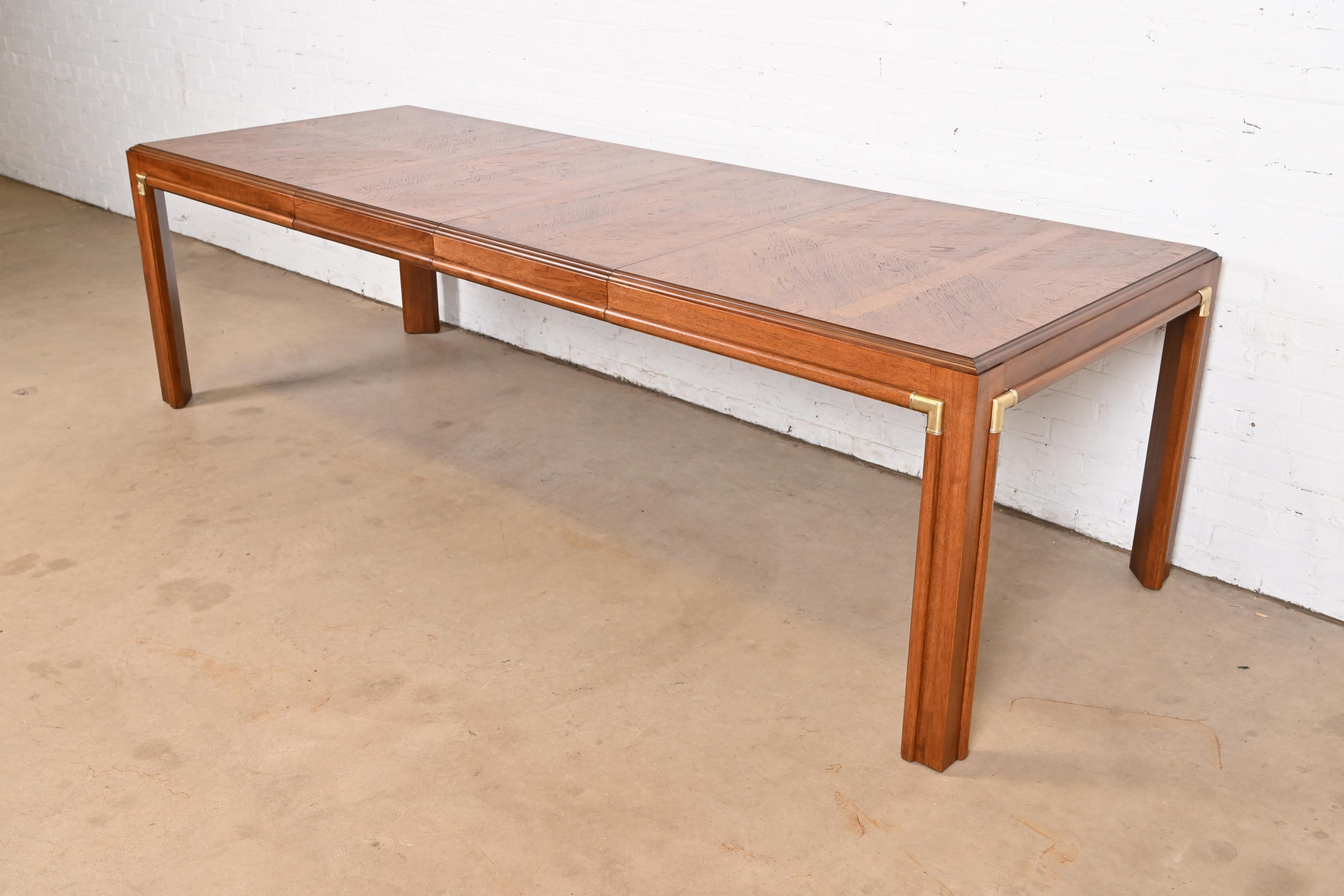 Drexel Heritage Mid-Century Hollywood Regency Walnut Extension Dining Table With Parquet Top, Newly Refinished
